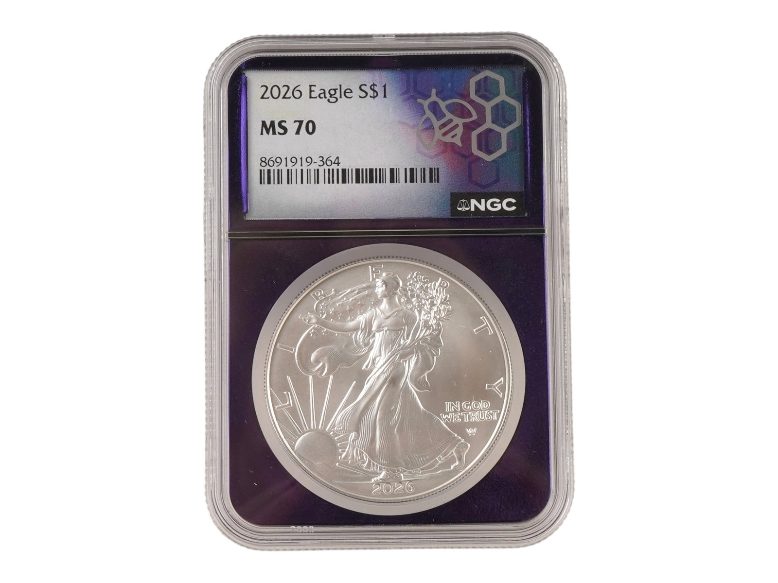 2026 AMERICAN SILVER EAGLE TRADERS BEA GRADED BY NGC: A 2026 American Silver Eagle Purple Core Traders Bea collectible Silver coin, certified MS 70 by NGC. The obverse features Adolph Weinmans Walking Liberty and the reverse features an eagle landing wit