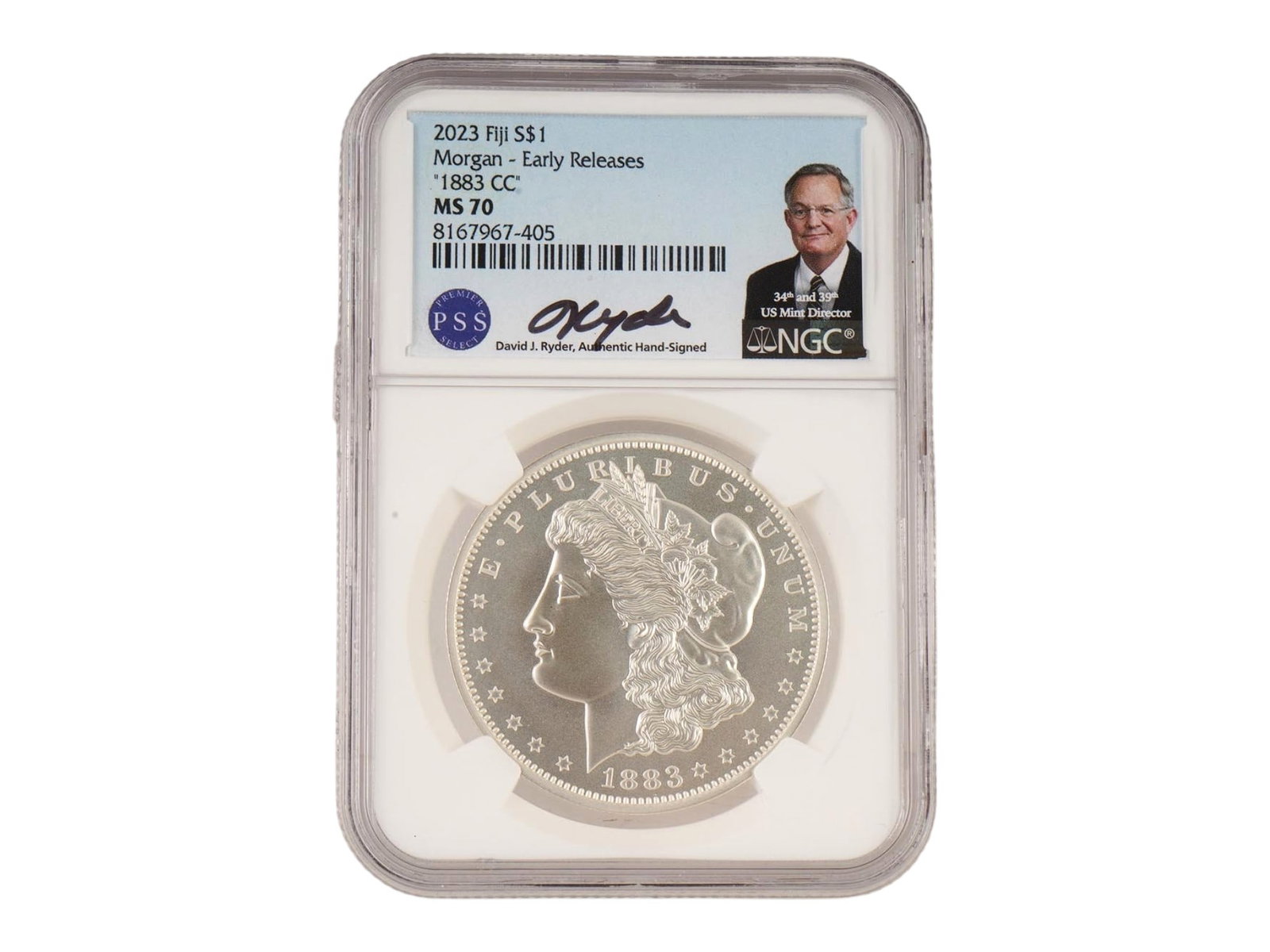 2023 FIJI ONE DOLLAR MORGAN 1883 CC GRADED MS70 BY NGC: A Fiji 1 Dollar silver bullion coin from 2023, featuring the classic American Morgan dollar design. It is a replica of the Morgan dollar with the Carson City mintmark 1883 CC. The coin is certified by