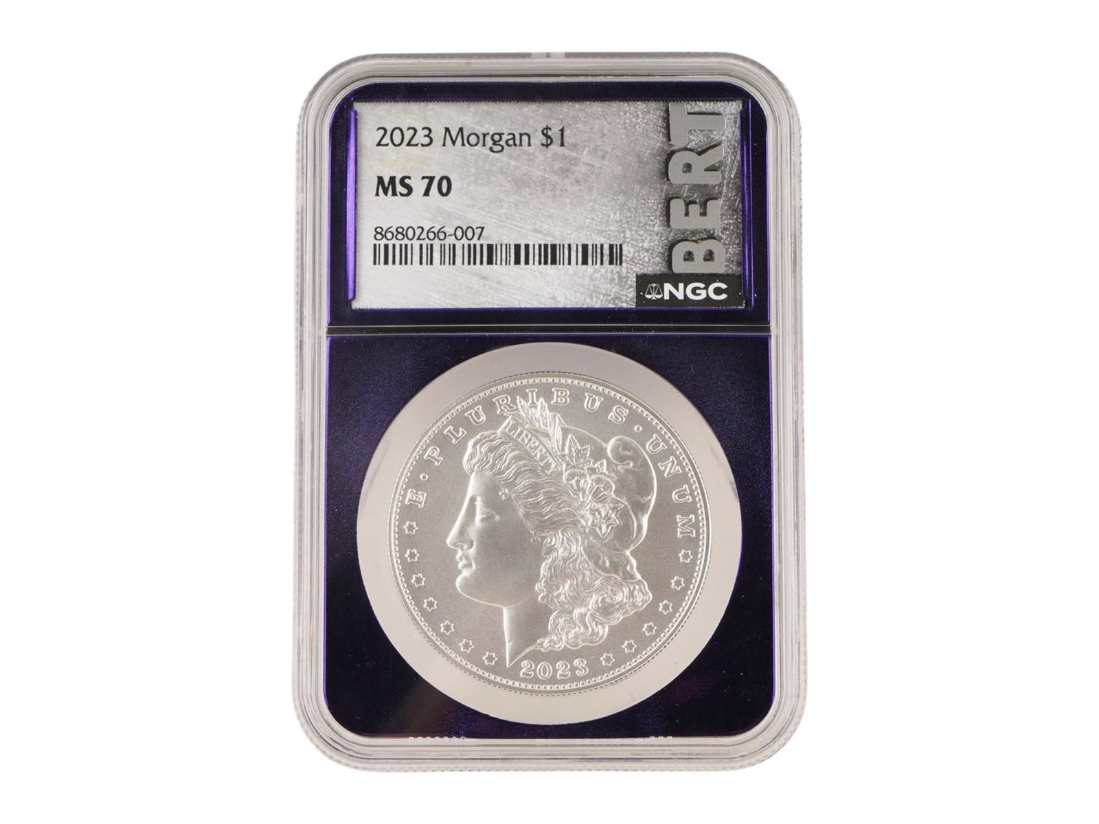 2023 MORGAN SILVER DOLLAR TRADER BEA GRADED MS70 BY NGC: A 2023 Morgan Silver Dollar Coin, a modern reissue of George T. Morgan's classic design, released by the United States Mint in the custom Trader Bea Purple Core sometimes labeled as Bert. Graded MS 70