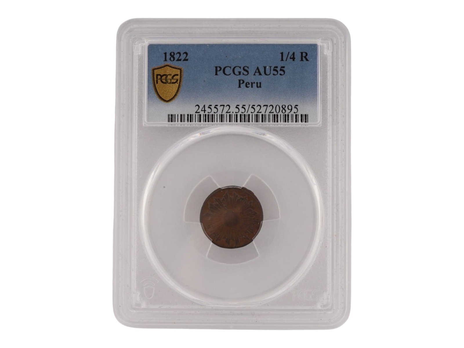 PCGS GRADED 1822 PERUVIAN PROVISIONAL REAL COIN: A PCGS-graded coin, Peruvian 1-4 Provisional Real, 1822, Au55. Made of copper, standard circulation coin. Collectible Coins And Medals, Numismatics. THIS LOT IS ELIGIBLE FOR A 30-DAY UNCONDITI