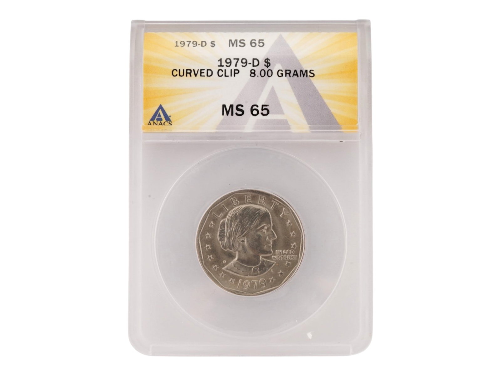 AMERICAN 1979 D SUSAN B ANTHONY DOLLAR COIN GRADED: An American 1979-D Susan B. Anthony Dollar coin, professionally graded by ANACS. Mint State 65. Collectible Americana, Coins and Numismatics, and Collectibles. THIS LOT IS ELIGIBLE FOR A 30-DA