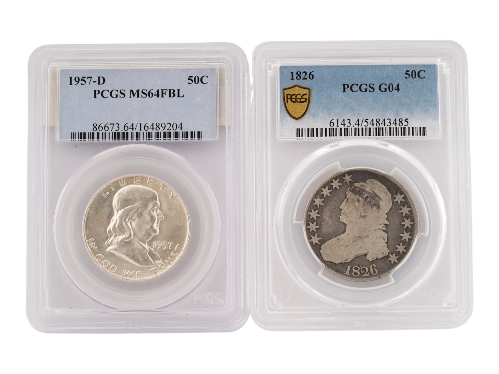 LOT OF TWO US SILVER HALF DOLLARS GRADED: A lot of two US silver half dollars, both professionally graded and slabbed by PCGS. The first is a 1957-D Franklin Half Dollar, MS64 FBL. Second coin: 1826 Capped Bust Half Dollar, G04. Collectible A