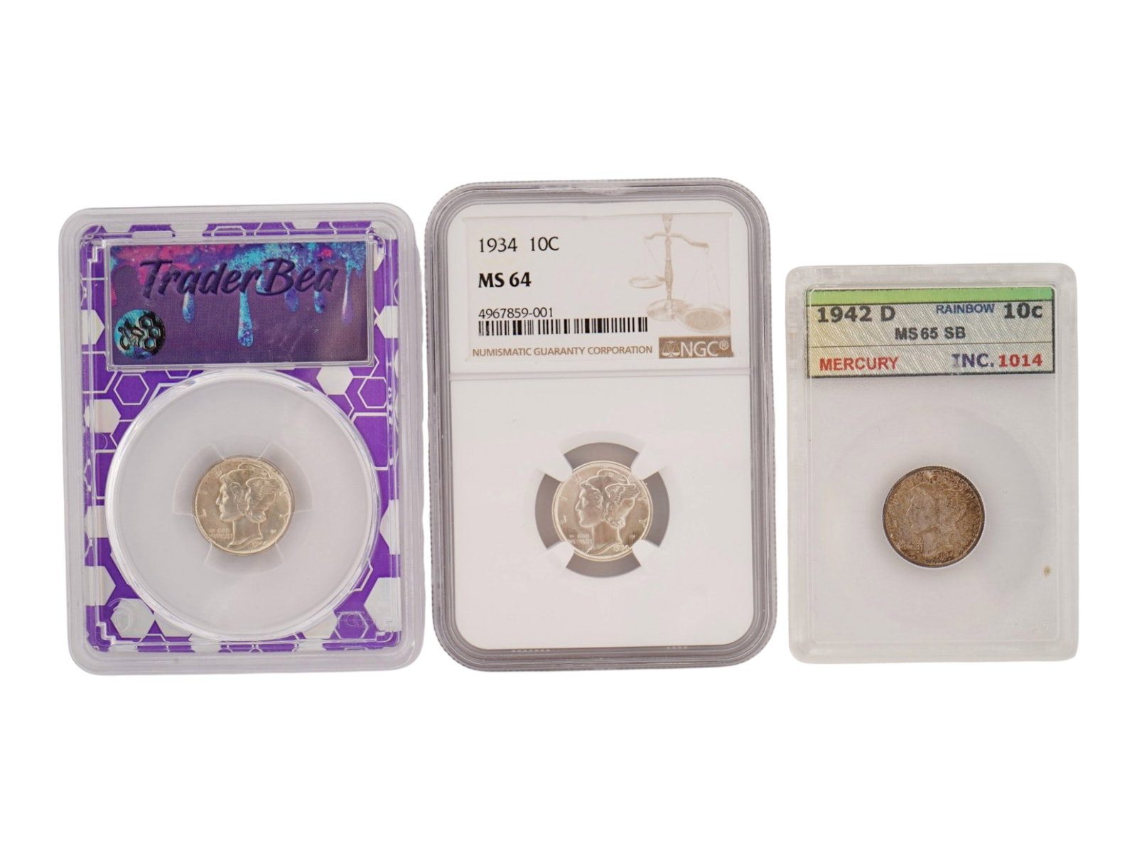 LOT OF THREE GRADED US MERCURY DIME COINS: A lot of three graded U.S. Mint coins, Mercury Dimes. 1934 10C MS 64. 1942 D 10C MS 65 SB. 1944 S 10C MS. The Mercury dime is a ten-cent coin struck by the United States Mint from late 1916 to 1945. D