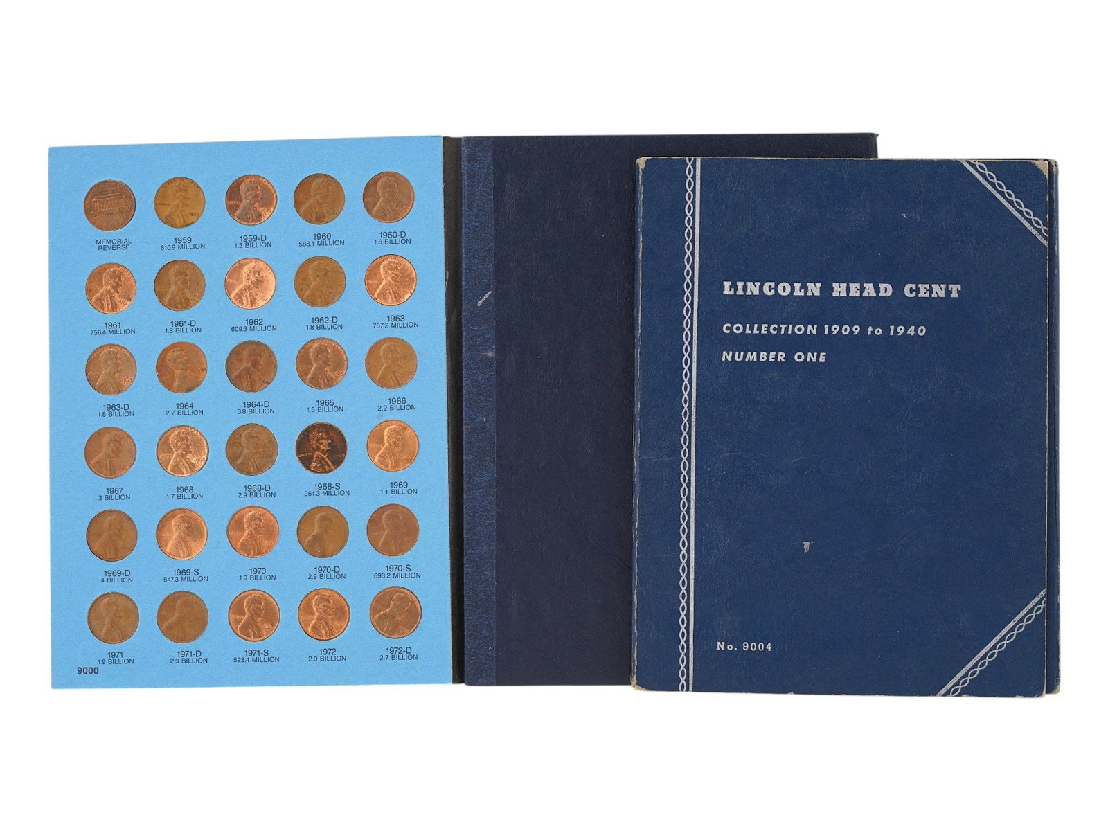 TWO UNITED STATES WHITMAN COIN FOLDERS WITH COINS: A lot of two classic Whitman Coin Folders with coins dedicated to the history of the United States cent. The first is Folder No. 9004, covering the Lincoln Head Cents from the series debut in 1909 thr