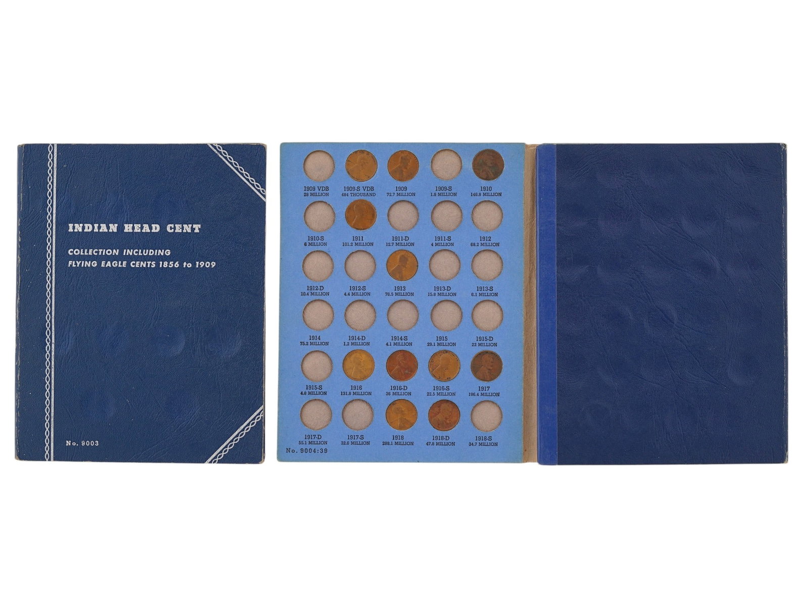 US WHITMAN COIN FOLDERS WITH ANTIQUE AND VTG COINS: A lot of two classic vintage Whitman Coin Folders, the industry standard for American numismatists. Included are Folder No. 9003 for the Indian Head Cent series including Flying Eagle cents, 1856 to 1