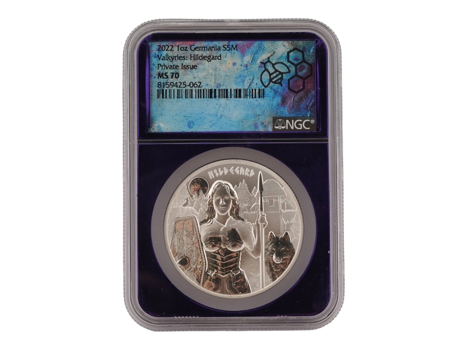 2022 GERMANIA VALKYRIES HILDEGARD SILVER GRADED COIN: A 2022 Germania Valkyries, Hildegard 1 oz silver coin, issued as the inaugural release in the Valkyries series by Germania Mint. Struck in 1 troy ounce of .9999 fine silver with a limited mintage of 2