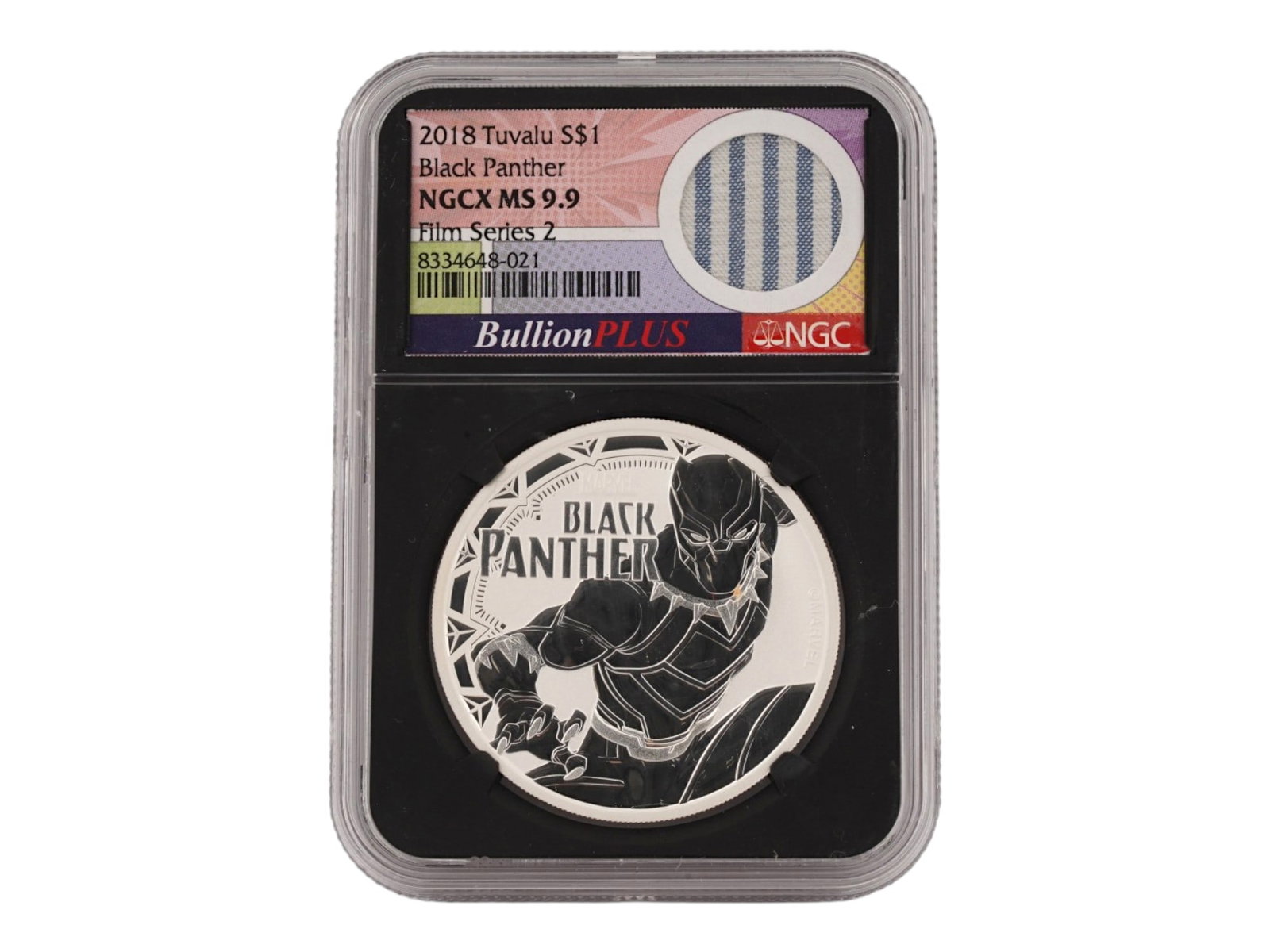 AMERICAN 2018 TUVALU BLACK PANTHER SILVER GRADED COIN: An American 2018 Tuvalu $1 Black Panther silver bullion coin, issued as the third release in the Marvel Bullion Series struck by the Perth Mint. The coin contains 1 troy ounce of .9999 fine silver and