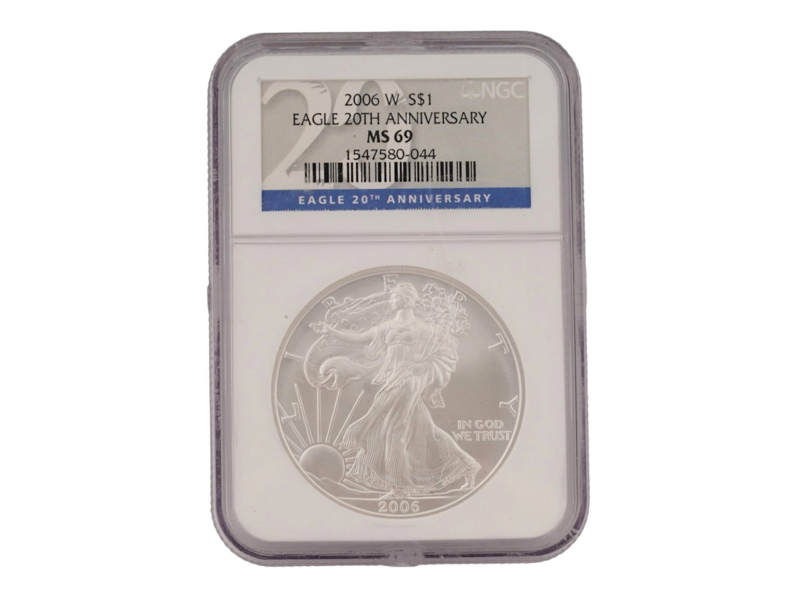 2006 W S ONE DOLLAR EAGLE 20TH ANNIVERSARY MS 69 COIN: A 2006 W S One Dollar Eagle 20th Anniversary Silver coin. Graded MS 69 Mint State 69 by NGC. The coin is part of the 20th Anniversary Set released in 2006. In 2006 the United States Mint celebrated th