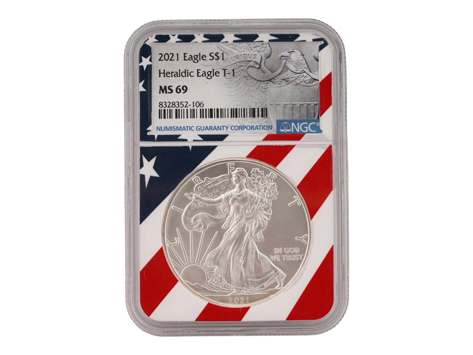 2021 EAGLE S ONE DOLLAR EAGLE T 1 COIN MS69 BY NGC: A 2021 Eagle S One Dollar Heraldic Eagle T 1 coin. The obverse features Striding Liberty. The reverse features a heraldic eagle with shield designed by John Mercanti. This is the final year of the ori