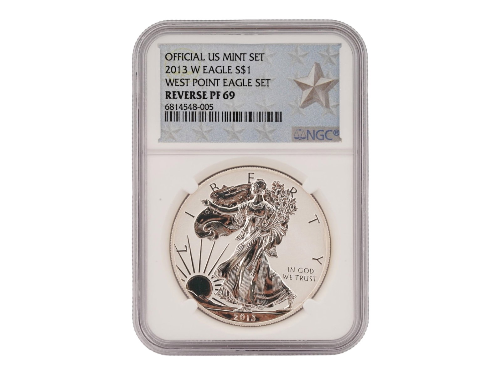 2013 W EAGLE S 1 DOLLAR COIN GRADED PF 69 BY NGC: A 2013 American W Eagle S One Dollar Silver Eagle coin features a rare Reverse Proof finish. It was released as part of a special two coin set the West Point Two Coin Set commemorating the 75th annive