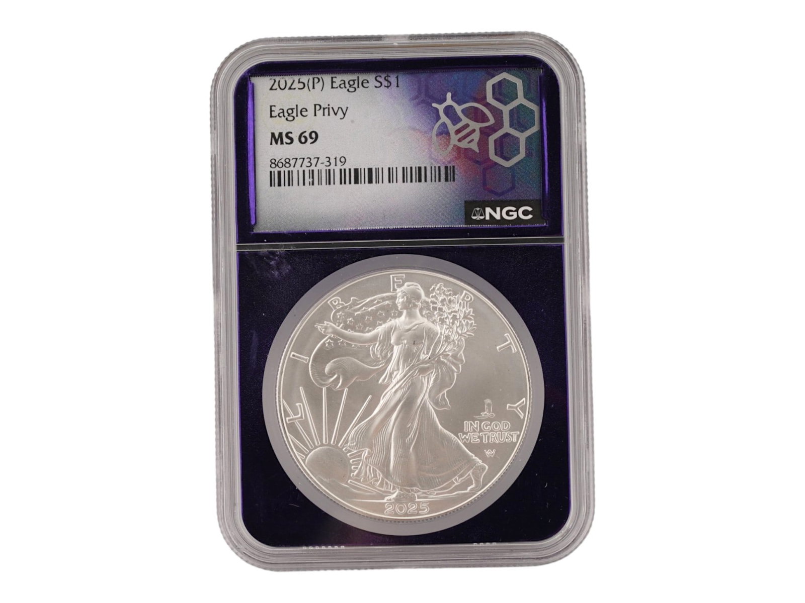 2025 AMERICAN SILVER EAGLE PRIVY BULLION GRADED COIN: A 2025 American Silver Eagle bullion coin featuring the rare Eagle Privy Mark, certified by Numismatic Guaranty Company in Mint State 69 condition. This special release is among the rarest modern bull