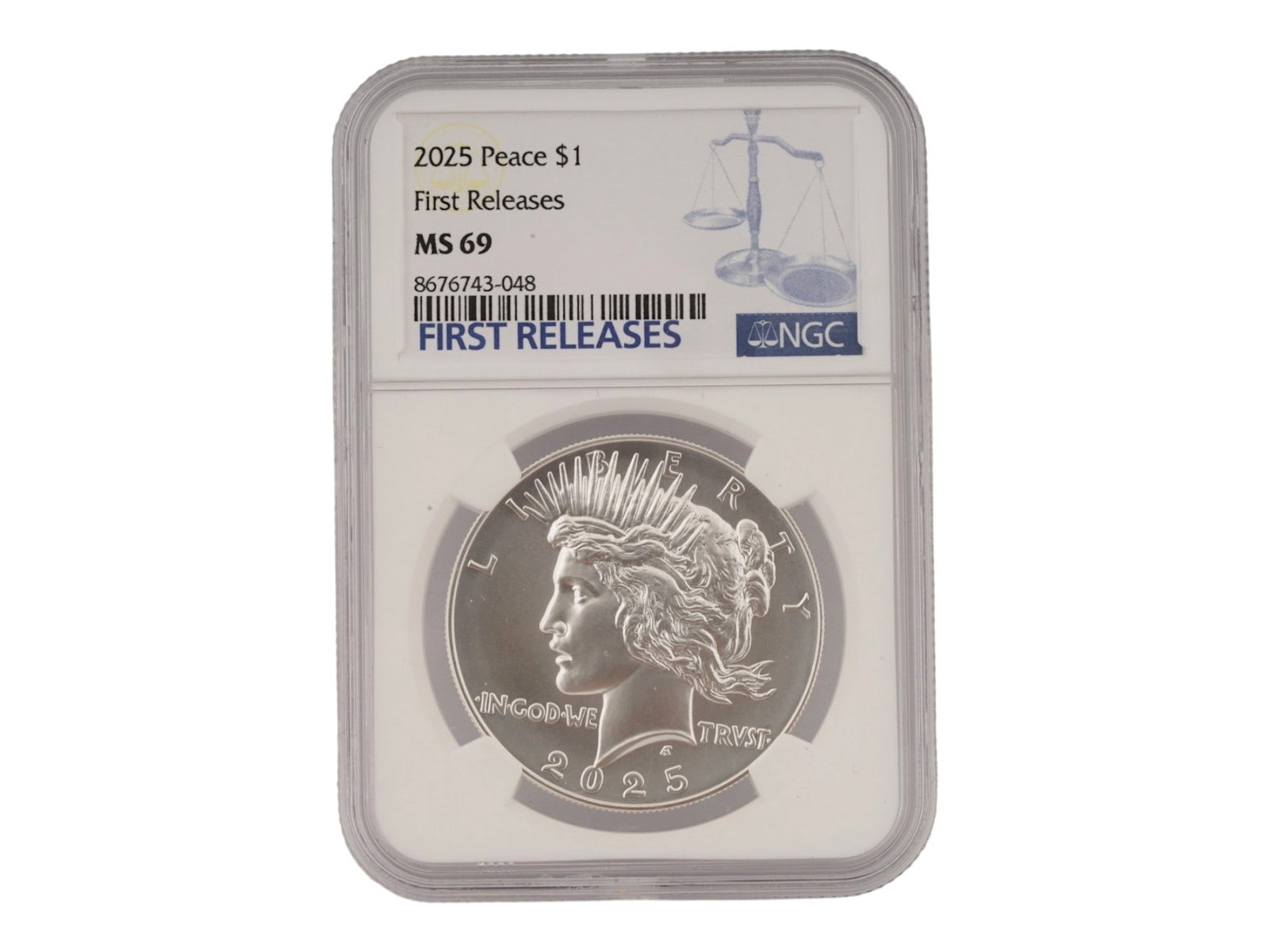 2025 AMERICAN PEACE SILVER DOLLAR GRADED COIN: A 2025 American Peace Silver Dollar coin certified by Numismatic Guaranty Company in Mint State 69 MS69 condition. Bears the desirable First Releases designation, indicating submission to NGC within t
