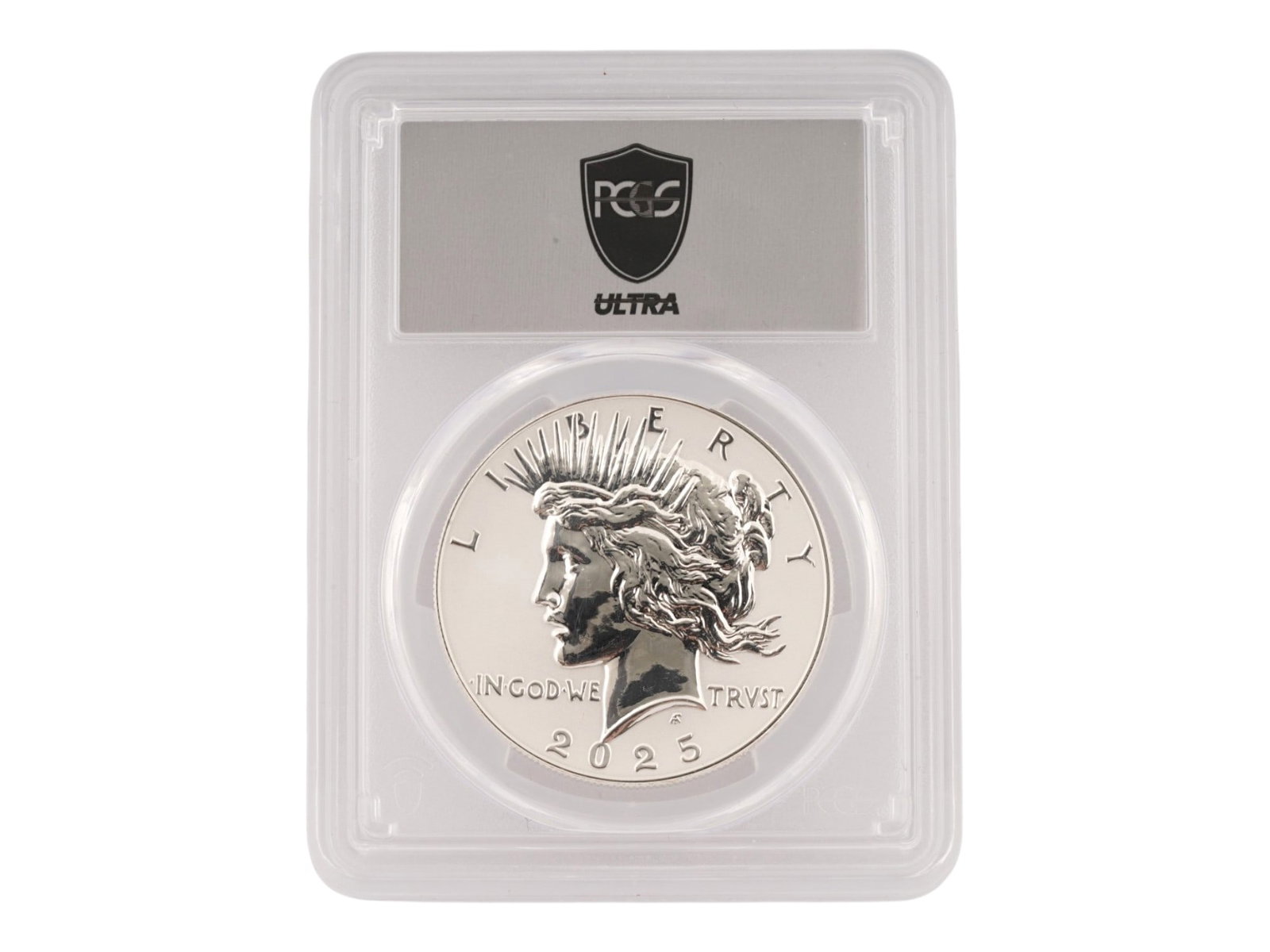 2025 AMERICAN PEACE DOLLAR GRADED: An American Peace Dollar, part of the U.S. Mints recent commemorative series, 2025. Originally designed by Anthony de Francisci. It appears to be a Proof or Reverse Proof finish, characterized by the 