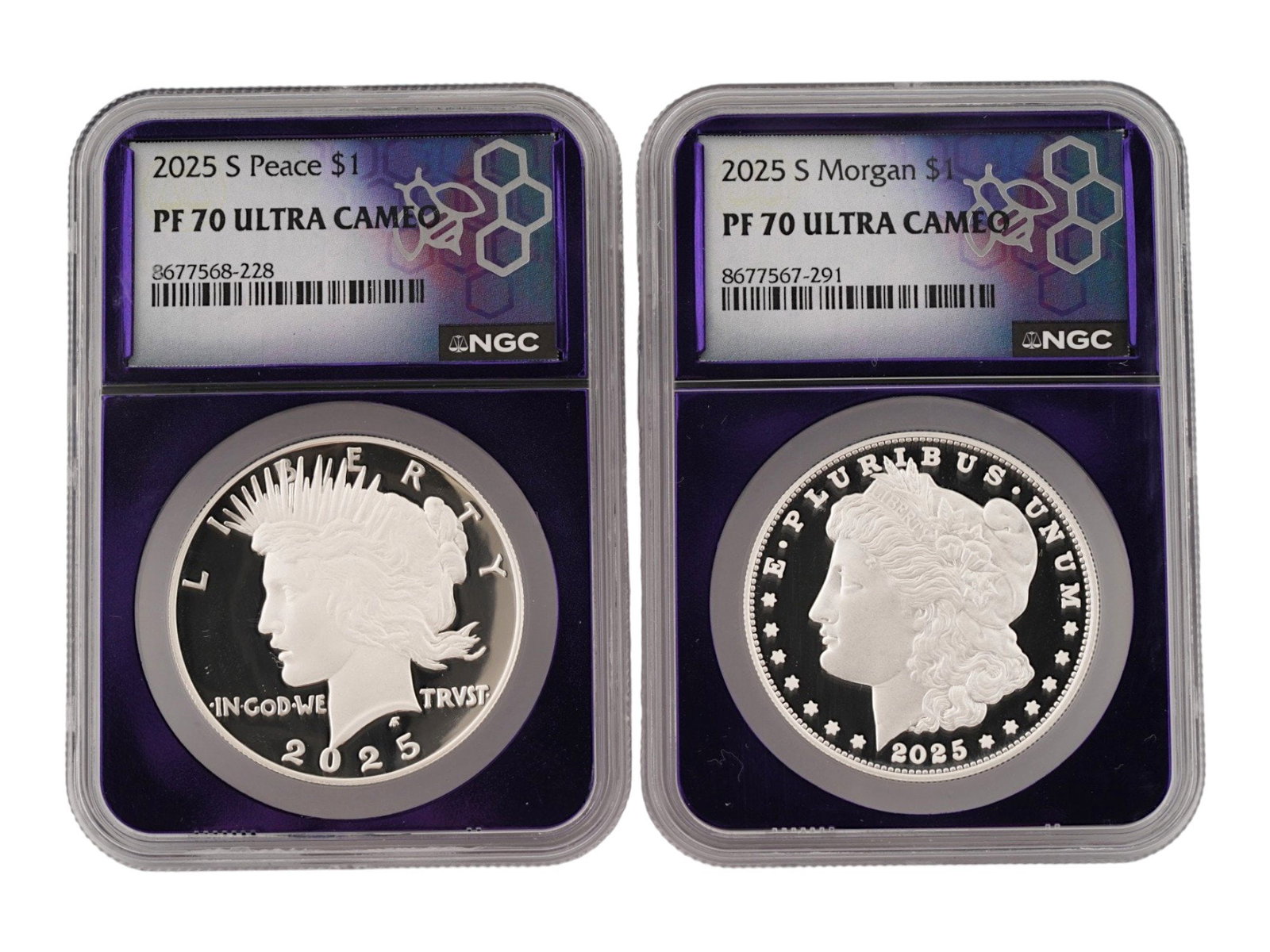 PAIR OF 2025 US SILVER MORGAN AND PEACE DOLLARS GRADED: A pair of 2025 US silver dollars, professionally graded and certified by Numismatic Guaranty Company. These are commemorative strikes from the San Francisco Mint. One 2025-S Peace Dollar and one 2025-