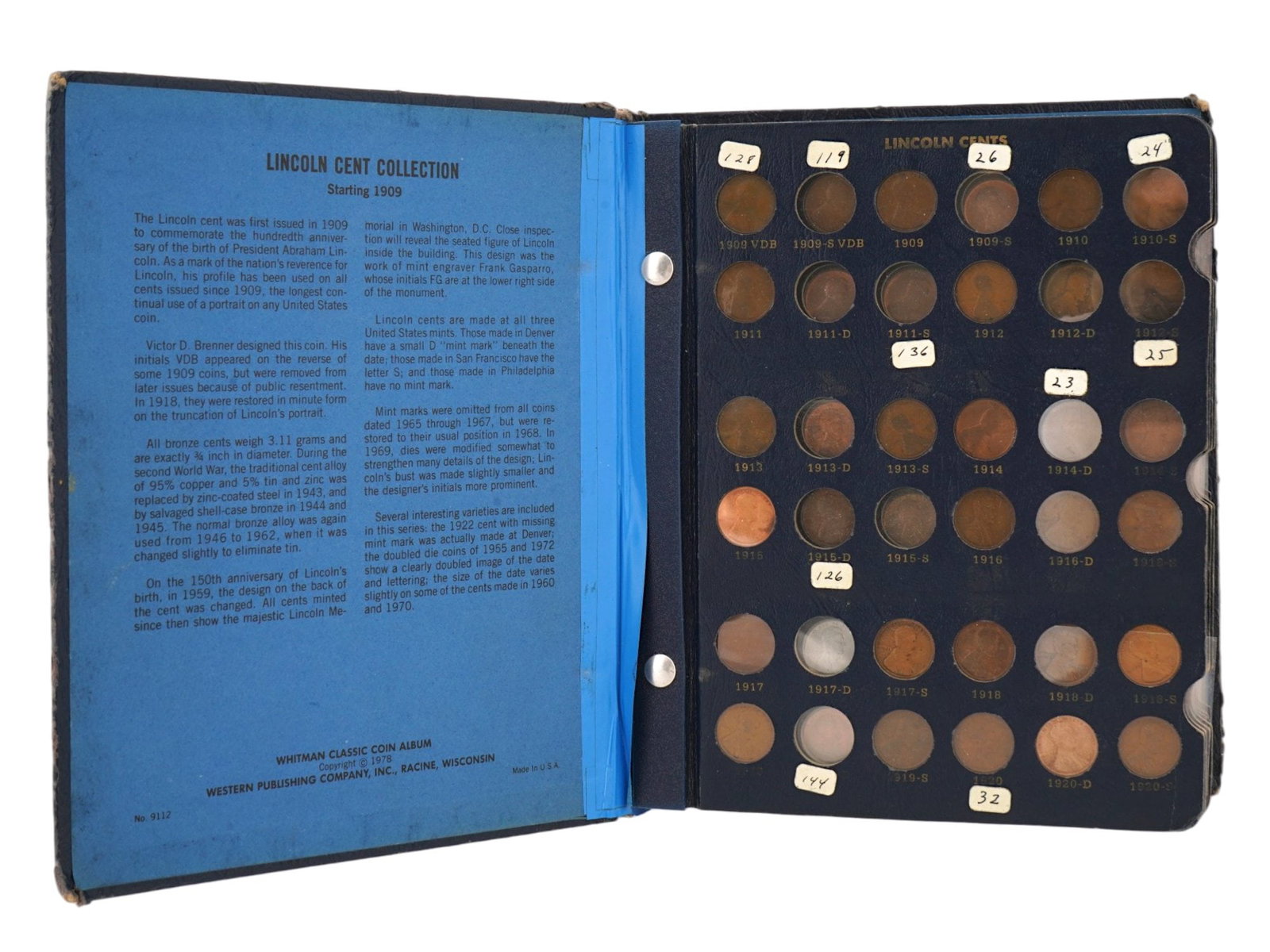US HIGHEND LINCOLN CENTS COLLECTORS WHITMAN ALBUM: A numismatic collection comprises a comprehensive assembly of United States Lincoln Cents housed within a blue library style album. The collection begins with the 1909 issue and continues through the 