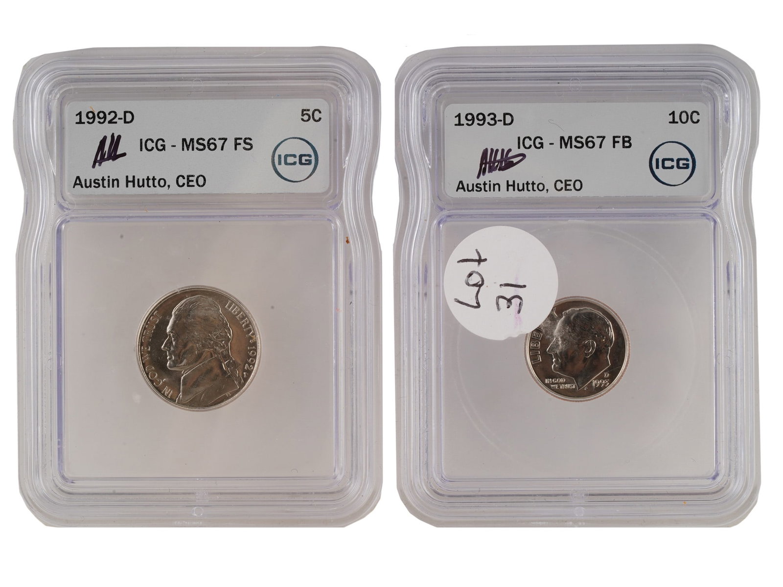 AMERICAN JEFFERSON NICKEL ROOSEVELT DIME GRADED COINS: Two certified American coins encapsulated by the Independent Coin Grading Company. The group includes a 1992-D Jefferson Nickel graded MS67 with the desirable Full Steps designation, and a 1993-D Roos