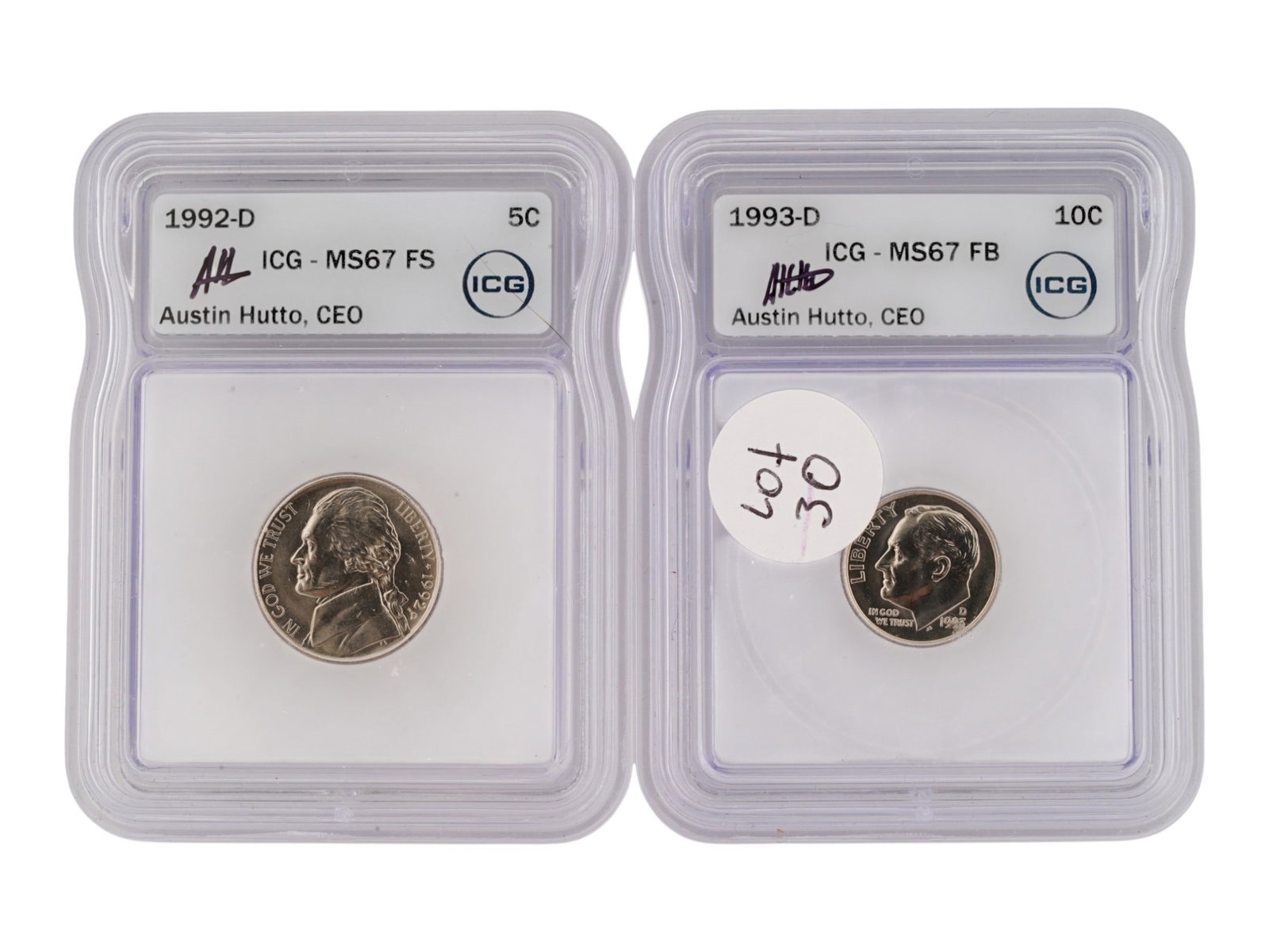 US JEFFERSON AND ROOSEVELT DIME COINS GRADED: A lot of two US coins from the early 1990s, professionally graded by ICG. Both slabs feature the signature of Austin Hutto, the CEO of ICG. The first: 1992-D Jefferson Nickel, MS67 FS. The second: 199