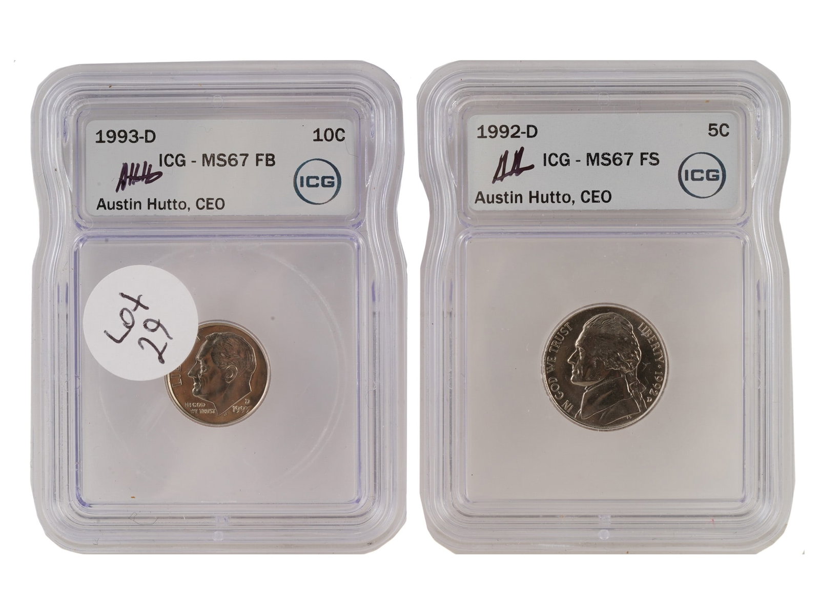 ICG GRADED US ROOSEVELT DIME AND JEFFERSON NICKEL: A pair ICG-graded coins. 1992-D Five Cents, Jefferson Nickel, MS67 FS. 1993-D Ten Cents, Roosevelt Dime, MS67 FB. The cases are signed by Austin Hutto, CEO of ICG. Collectible Coins And Medals, Numism
