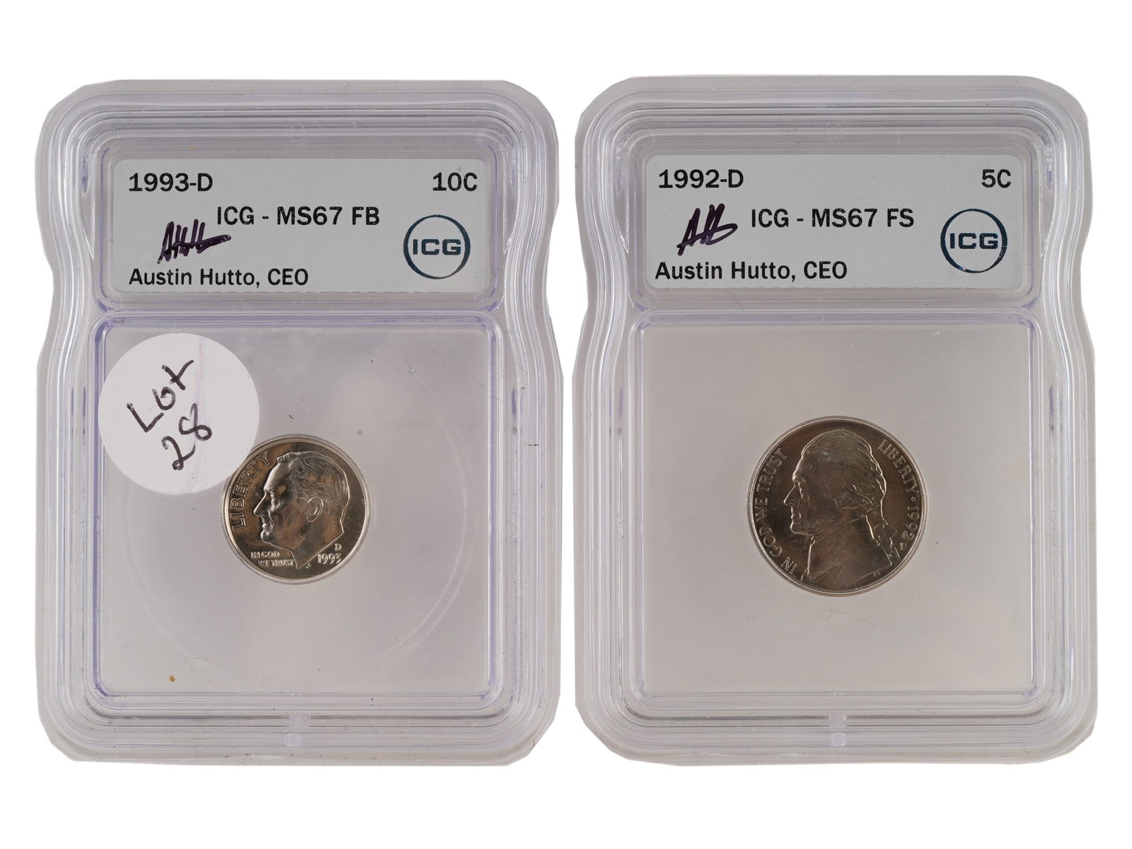 AMERICAN JEFFERSON NICKEL ROOSEVELT DIME GRADED COINS: A lot of two extremely rare certified American coins encapsulated by the Independent Coin Grading Company and autographed by Austin Hutto, CEO ICG. The group includes a 1992-D Jefferson Nickel graded 