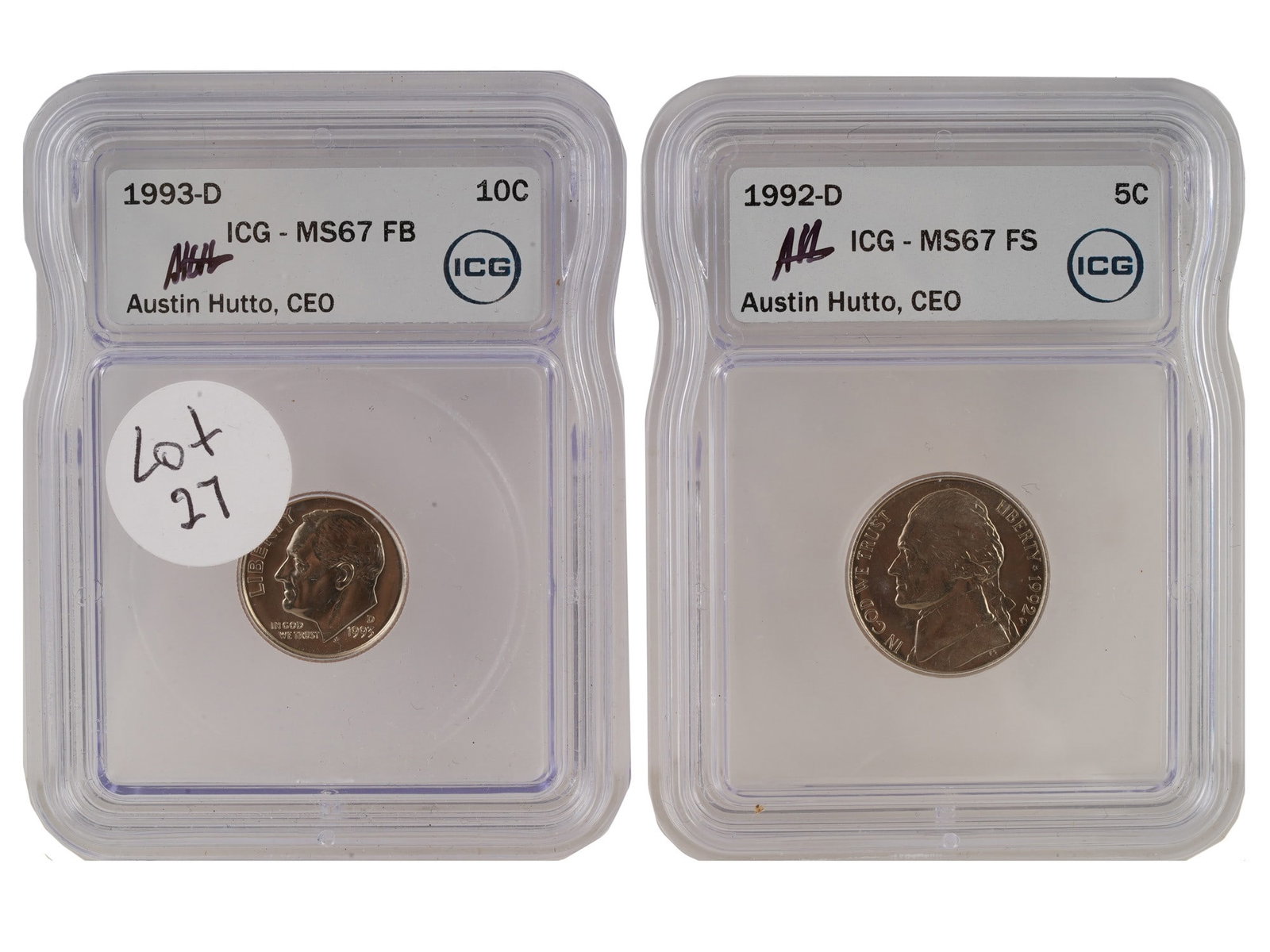 LOT OF TWO GRADED US COINS 1993 AND 1992: A lot of two graded US coins certified by ICG, Independent Coin Graders. Both slabs are part of a special series hand-signed by Austin Hutto, CEO of ICG. The lot includes: 1993-D Roosevelt Dime, MS67 