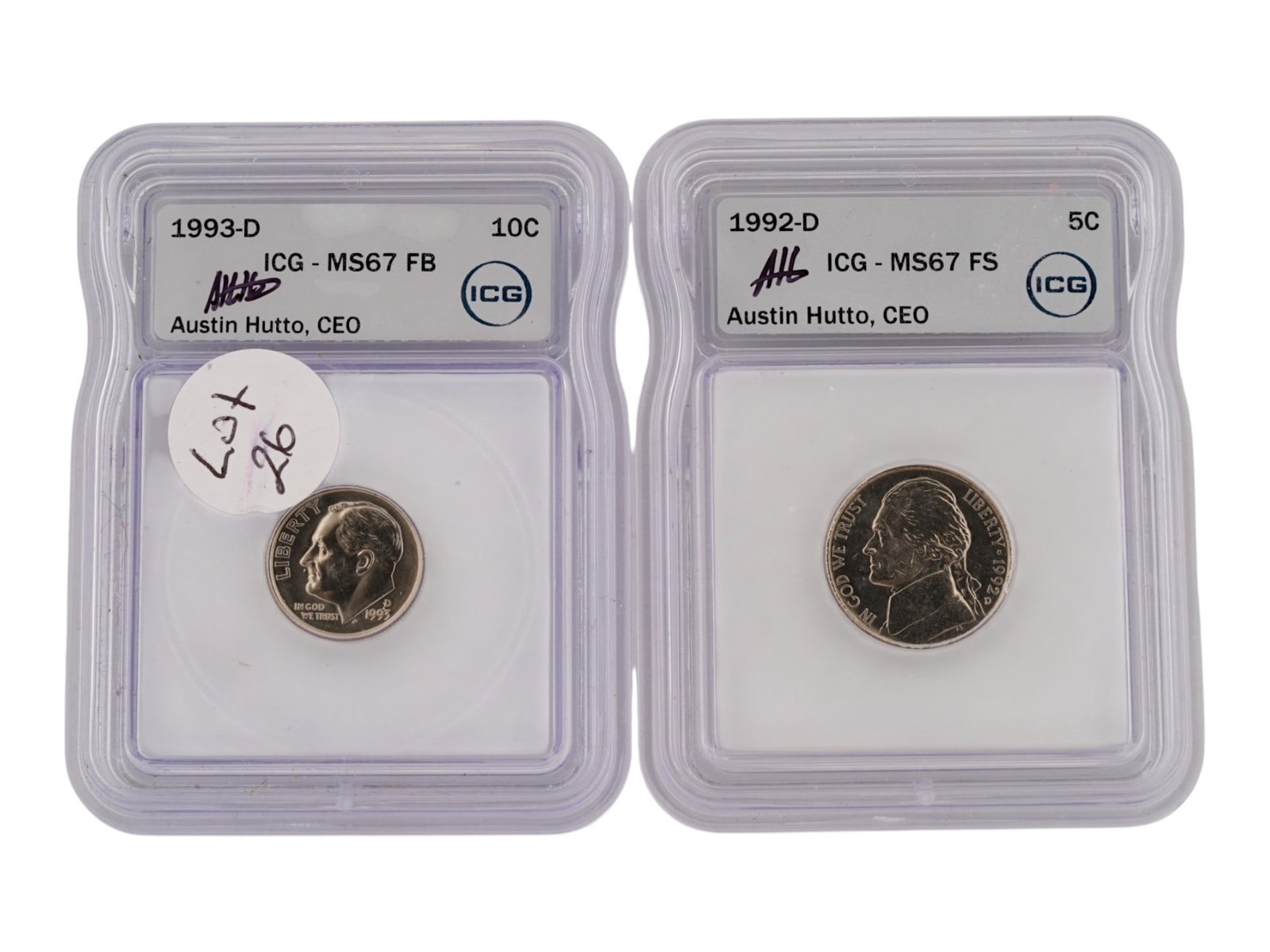 US JEFFERSON AND ROOSEVELT DIME COINS GRADED: A lot of two US coins from the early 1990s, professionally graded by ICG. Both slabs feature the signature of Austin Hutto, the CEO of ICG. The first: 1992-D Jefferson Nickel, MS67 FS. The second: 199