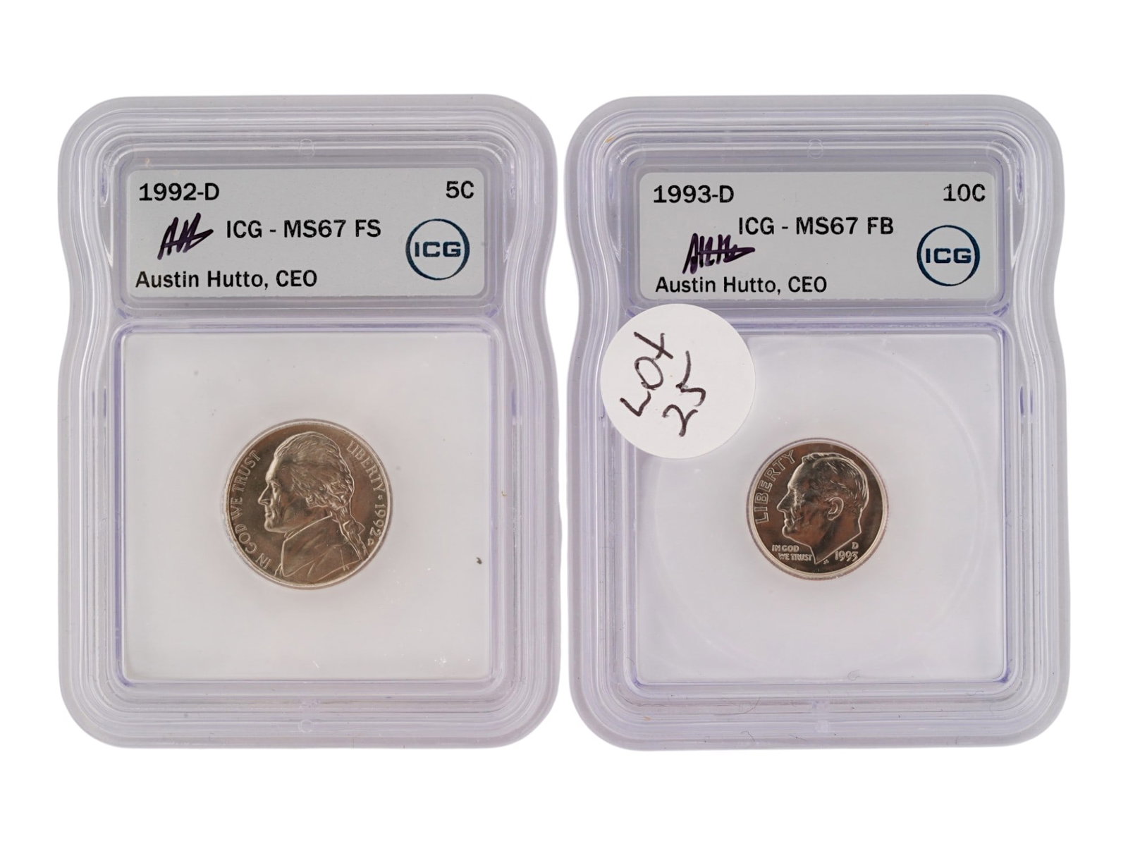 ICG GRADED US ROOSEVELT DIME AND JEFFERSON NICKEL: A pair ICG-graded coins. 1992-D Five Cents, Jefferson Nickel, MS67 FS. 1993-D Ten Cents, Roosevelt Dime, MS67 FB. The cases are signed by Austin Hutto, CEO of ICG. Collectible Coins And Medals, Numism