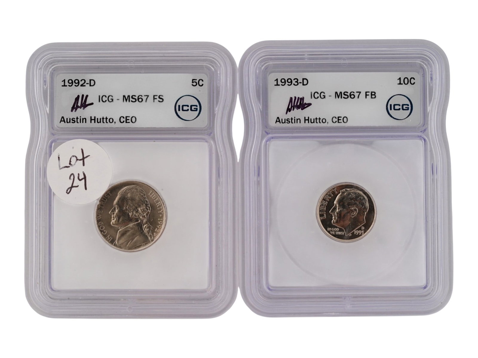 ICG GRADED US ROOSEVELT DIME AND JEFFERSON NICKEL: A pair ICG-graded coins. 1992-D Five Cents, Jefferson Nickel, MS67 FS. 1993-D Ten Cents, Roosevelt Dime, MS67 FB. The cases are signed by Austin Hutto, CEO of ICG. Collectible Coins And Medals, Numism
