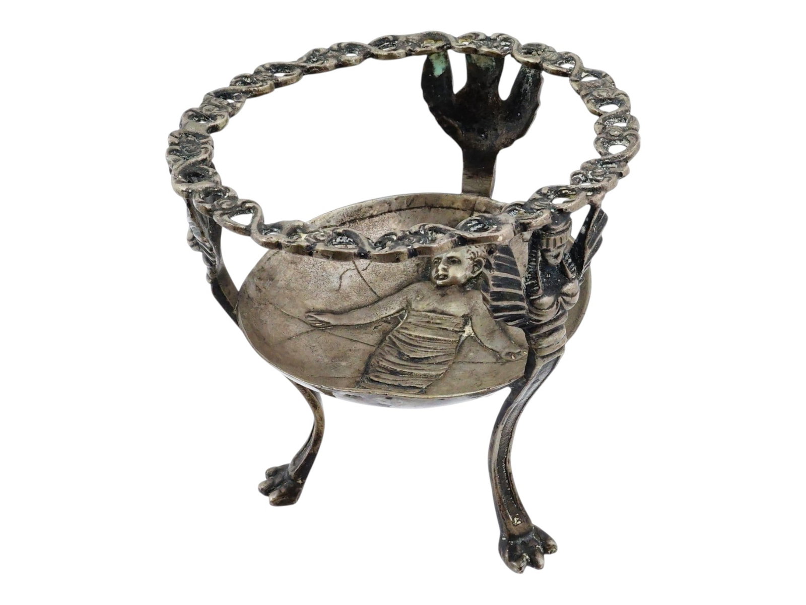 ANTIQUE ITALIAN NEOCLASSICAL SILVER TRIPOD STAND: An antique 19th-century silver tripod stand of miniature size. Presumably of Italian origin. The relief plate is modeled after the tondi of Ospedale degli Innocenti, a Renaissance building in Florence