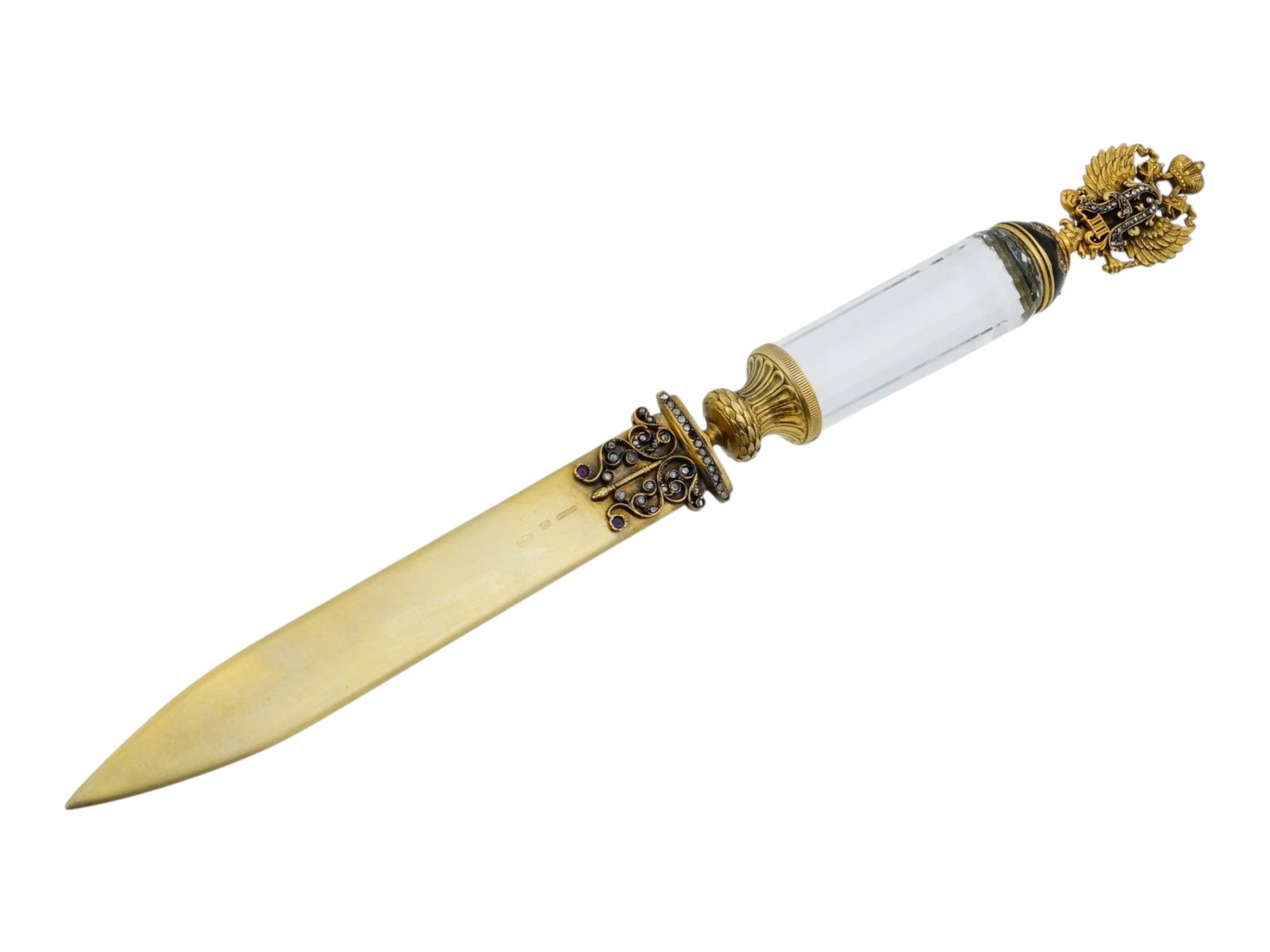 RUSSIAN SILVER ROCK CRYSTAL LETTER OPENER W DIAMONDS: A Russian Neoclassical gilt silver and rock crystal letter opener shaped in the style of a Roman gladius sword. The gilt silver blade is set with diamonds and gemstones. The handle has a double-headed