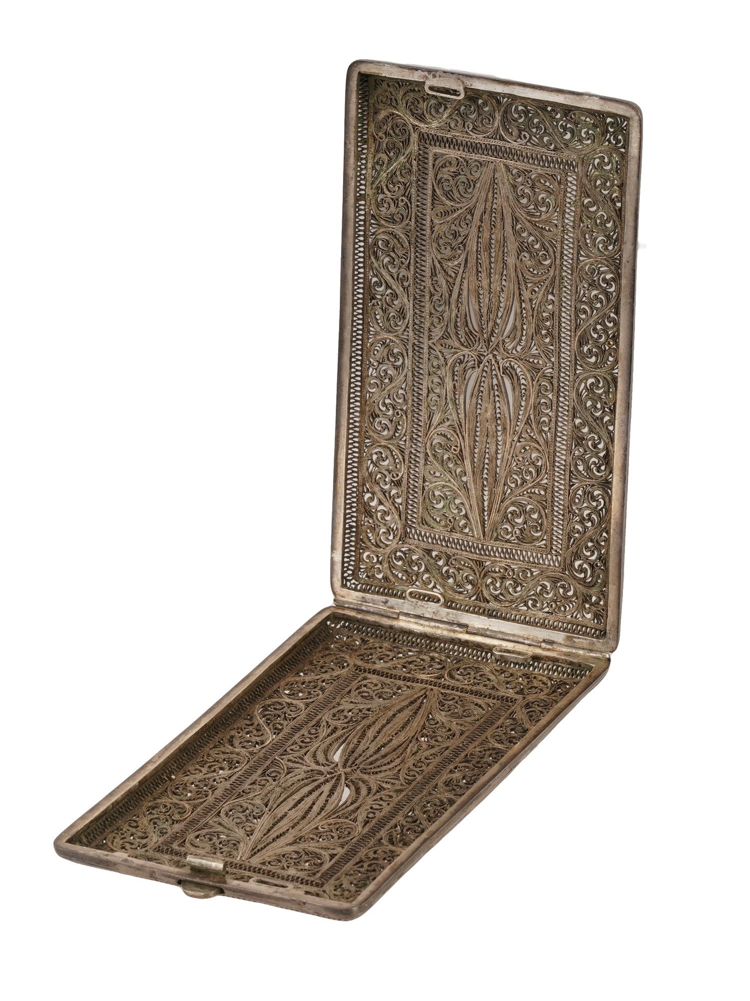 RUSSIAN FILIGREE OPENWORK SILVER CIGARETTE CASE: A Russian Silver cigarette case or business card case made using filigree openwork technique. The rectangular shaped item is made from thin silver wire, soldered into foliage and foliate scroll
