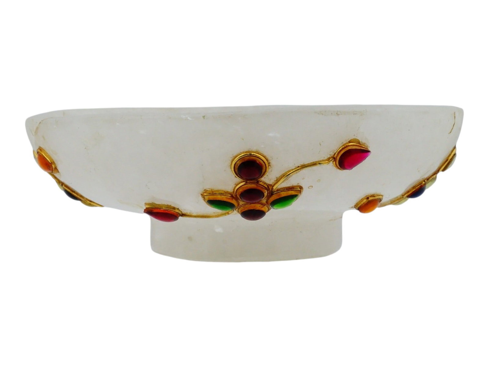 INDIAN MUGHAL STYLE GEM SET MINIATURE JADE BOWL: An antique Indian Mughal-style white jade footed bowl. Dated late 19th century. Miniature size. The exterior is decorated with stylised floral sprays set with gemstone cabochons. Unmarked. Collectible