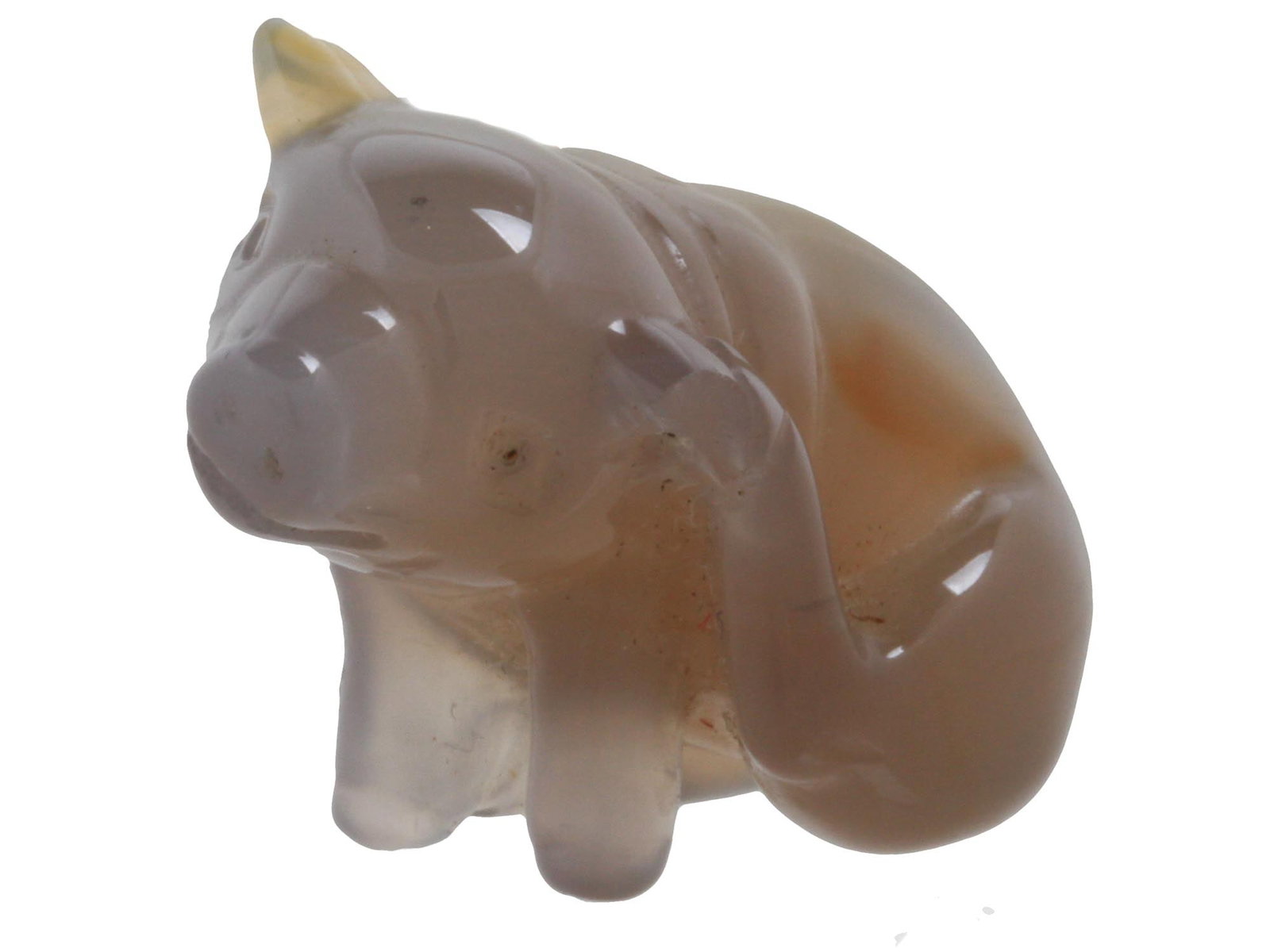 RUSSIAN HAND CARVED AGATE FIGURINE OF A PIG: A Russian hand carved agate figurine of a pig scratching its left ear with the back foot. Used to be decorated with gemstone eyes which are missing now. Russian Carved Stone Jewelry Collectibles.