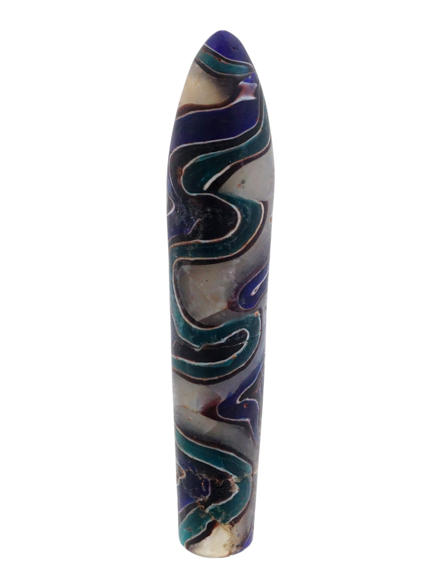 ANTIQUE GRAND TOUR GLASS MOSAIC PERFUME BOTTLE: An antique Grand Tour glass mosaic perfume bottle is crafted using the rare and highly complex gold-band mosaic glass technique. The slender, fusiform body features a mesmerizing, serpentine pattern o