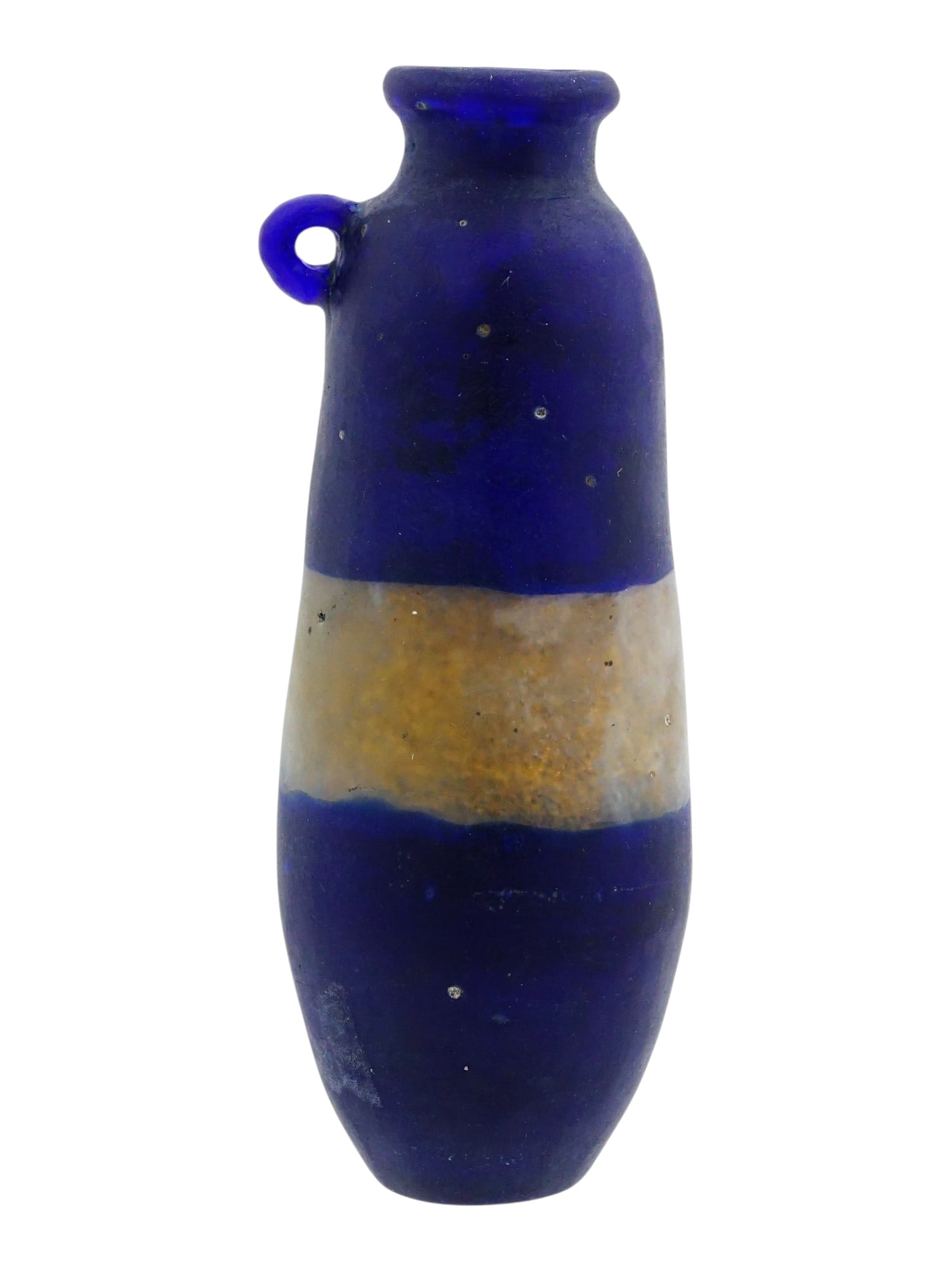 ANTIQUE ROMAN STYLE BLUE GLASS BOTTLE W HANDLE: An antique Roman style glass bottle features a deep cobalt blue glass with a tapered, elongated body and a flared circular rim. A single, small loop handle is applied at the shoulder, and a broad, tex