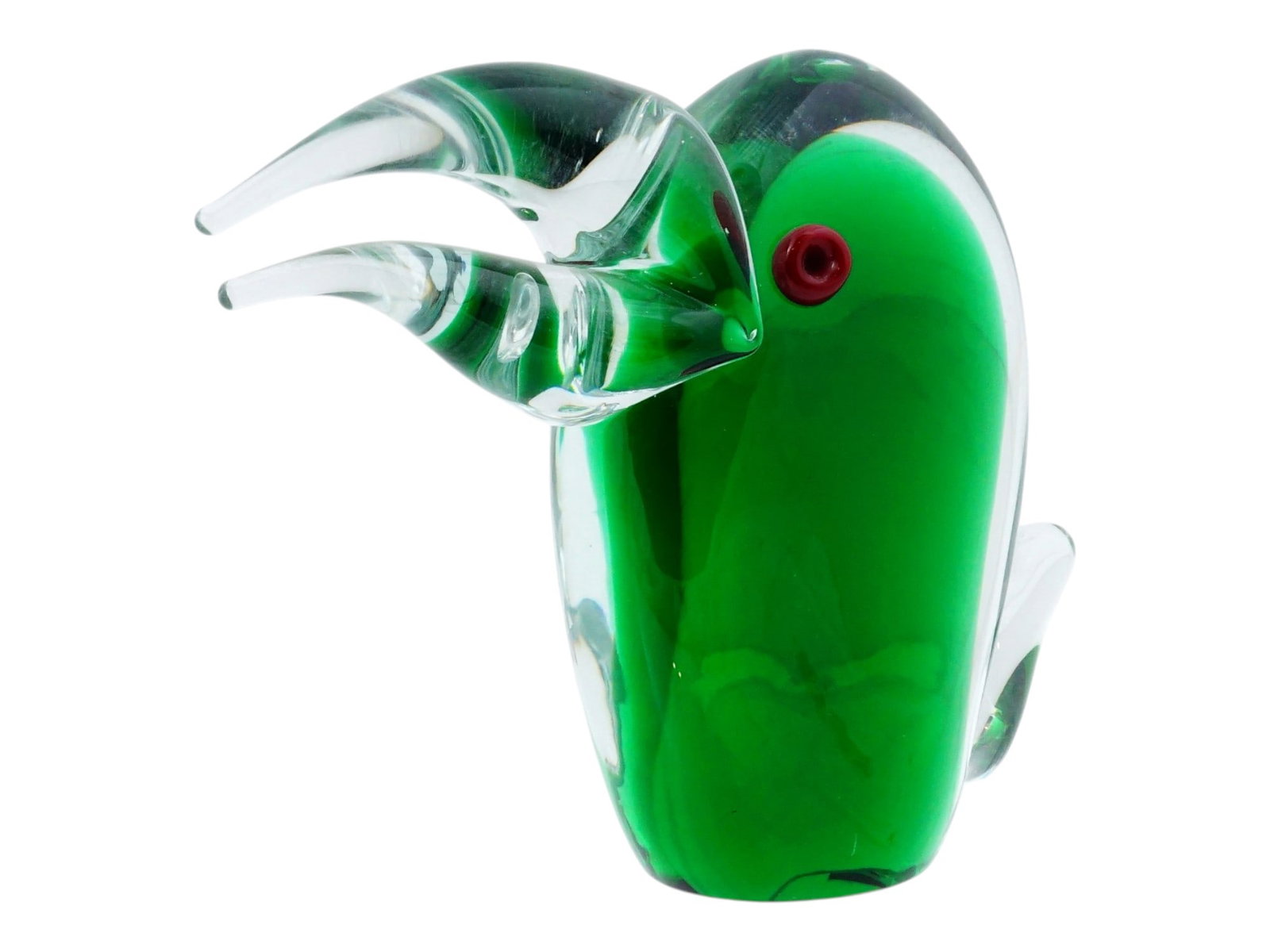 MODERN ITALIAN MURANO GLASS ART FIGURINE OF A KIWI BIRD: A modern Italian Murano glass art figurine depicting a stylized kiwi bird. The sculpture features an emerald green body encased within clear glass, complemented by a clear glass beak and striking red 