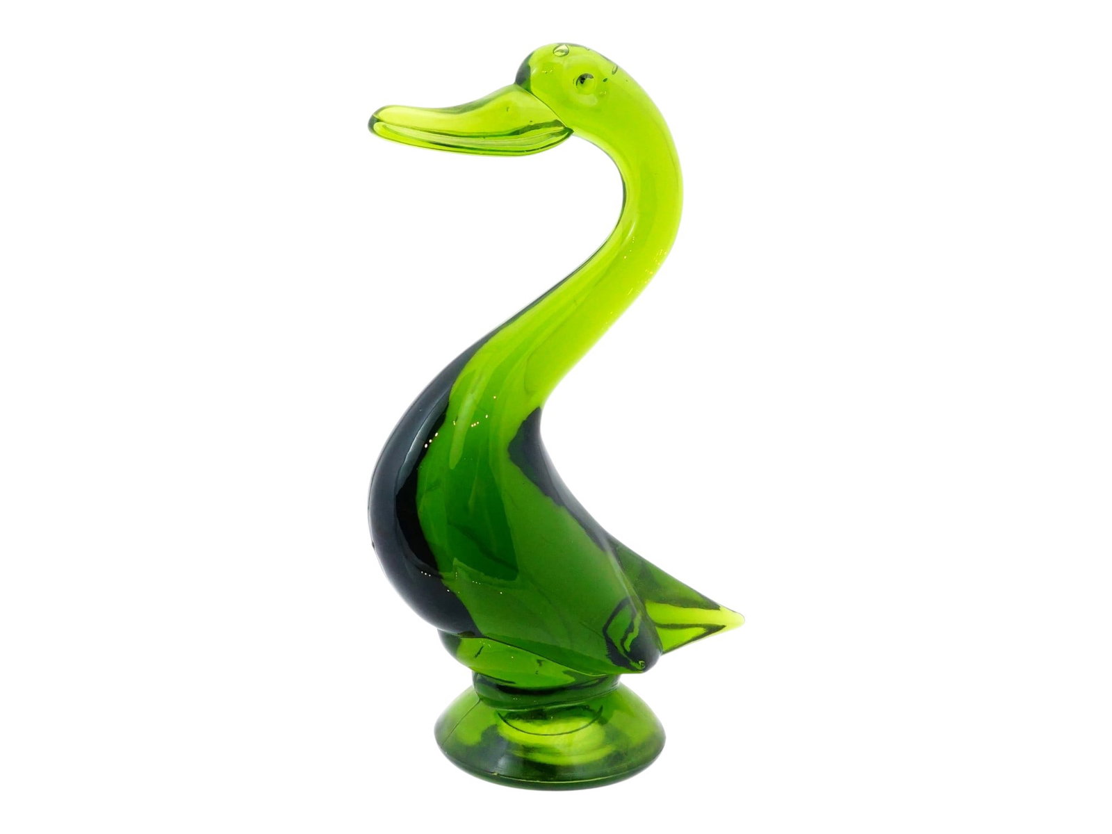 VINTAGE AMERICAN VIKING ART GLASS EPIC DUCK FIGURINE: A vintage Viking Glass Epic Duck figurine, an iconic example of American art glass produced by Viking Glass Company during the 1960s. Executed in the desirable Avocado Green colorway. The sculpture fe