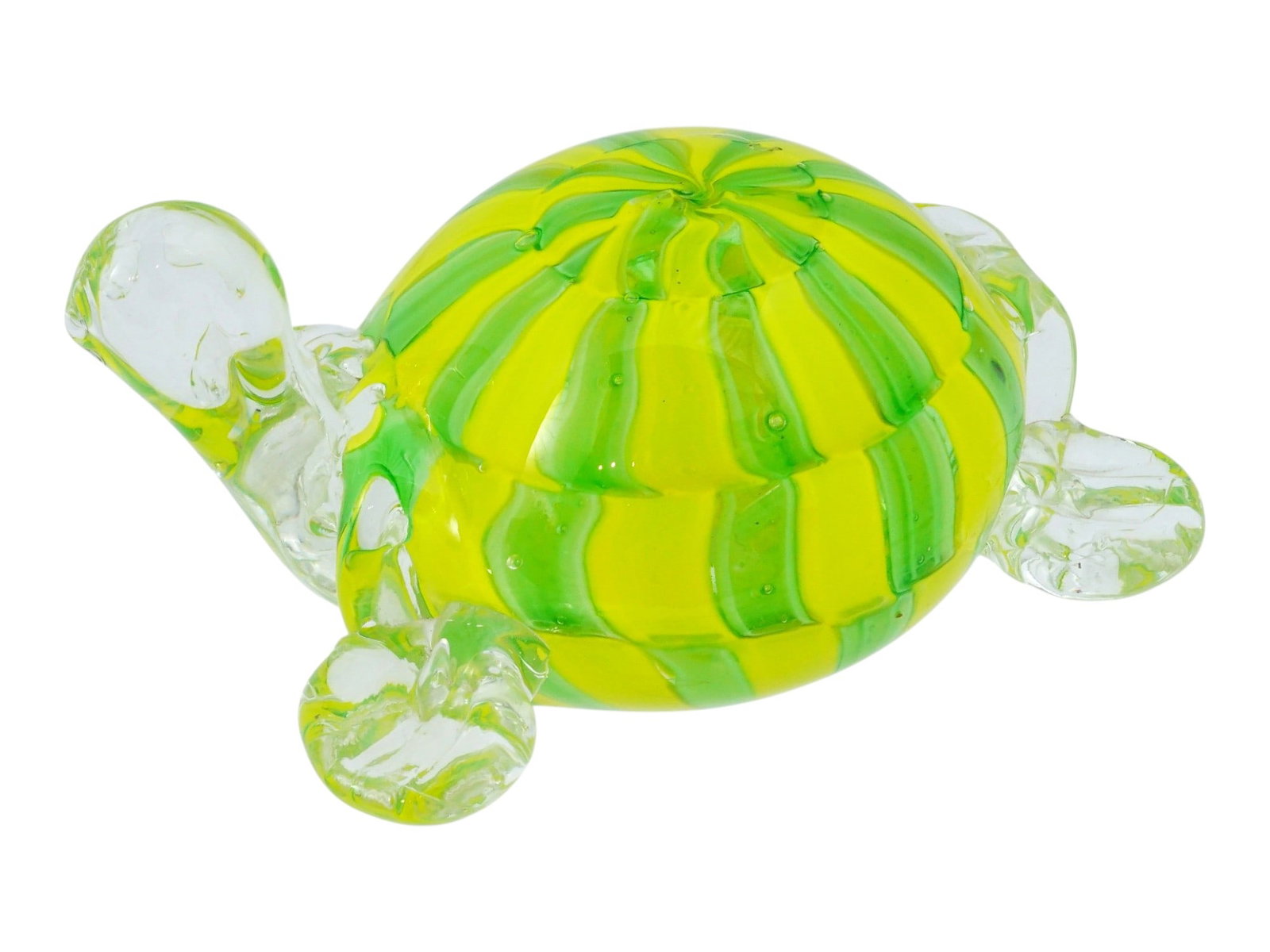 VINTAGE ITALIAN MURANO ART GLASS FIGURINE OF A TURTLE: A vintage Italian Murano art glass figurine depicting a stylized turtle. The hollow-bodied figure features a yellow and green vertically striped shell accented by clear glass flippers and an elegantly