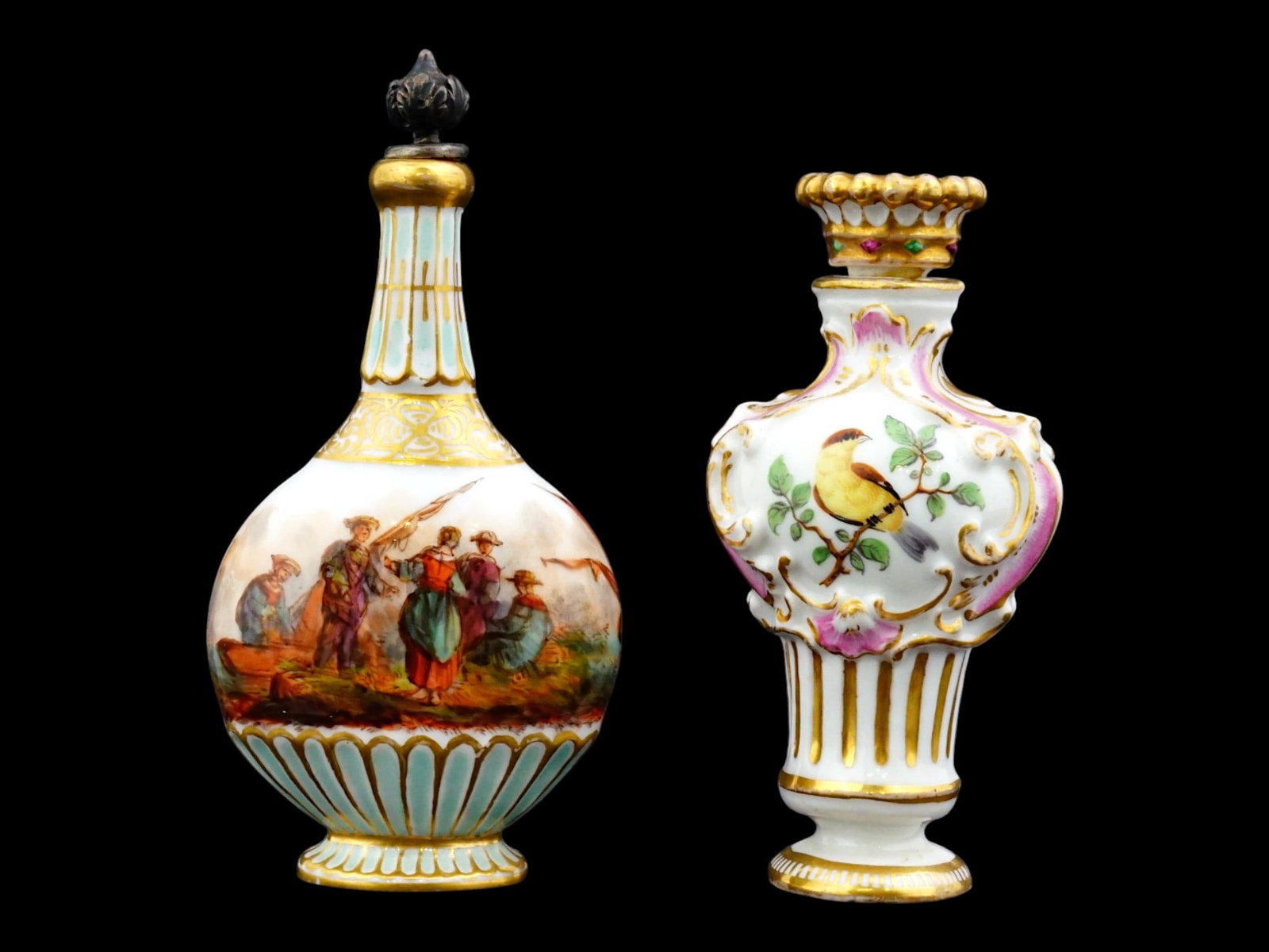 PAIR OF MEISSEN AND DRESDEN PORCELAIN SCENT BOTTLES: A pair of antique 19th-century German hand-painted porcelain perfume or scent bottles. First. A flask-shaped bottle with a stopper, featuring a maritime multi-figure scene, crowned D mark for Dresden 