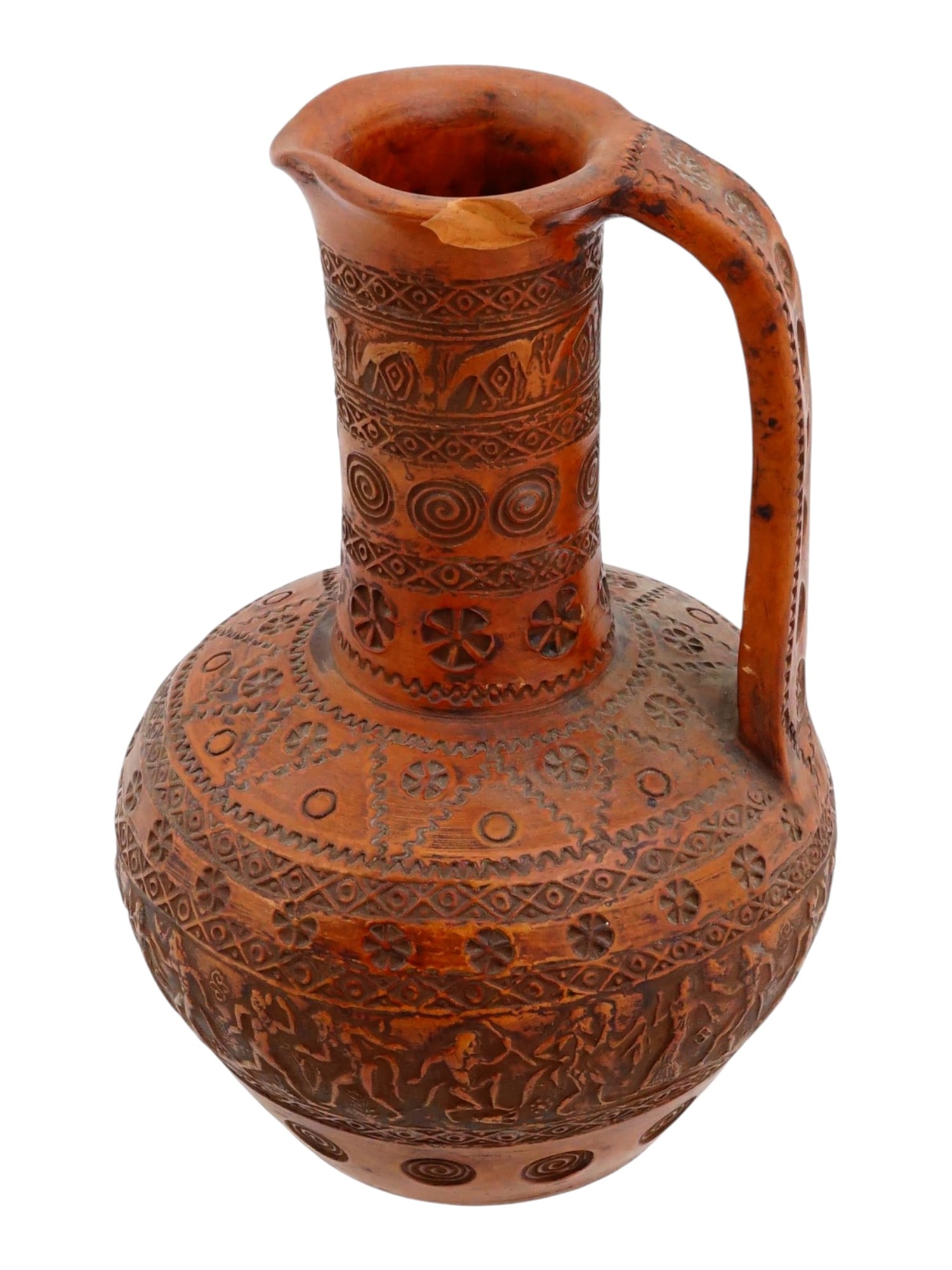 VINTAGE GREEK SAVAS ARCHANGELOS RHODES TERRACOTTA JUG: A vintage Greek terracotta jug. Savas Archangelos, Rhodes style. Oinochoe type vessel with relief ornaments and multi-figure frieze. Unmarked. Collectible Pottery And Ceramics, Tableware, Traditional 