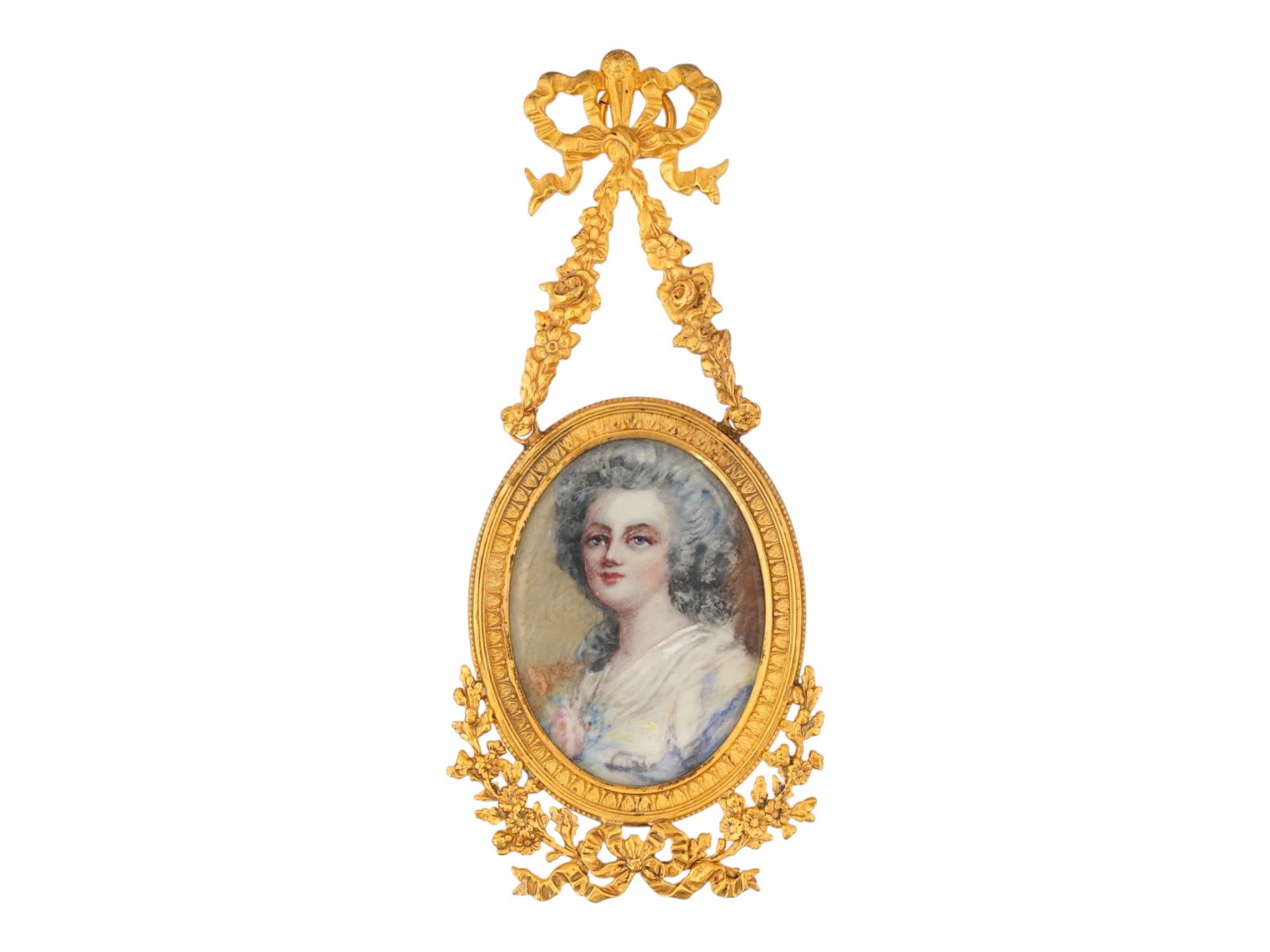 ANTIQUE EUROPEAN MINIATURE PAINTING ON PORCELAIN: An antique European miniature portrait painting on a porcelain plaque. The oval picture frame with a porcelain plaque depicting a finely detailed portrait of a young girl. Presented in a gold-tone ova
