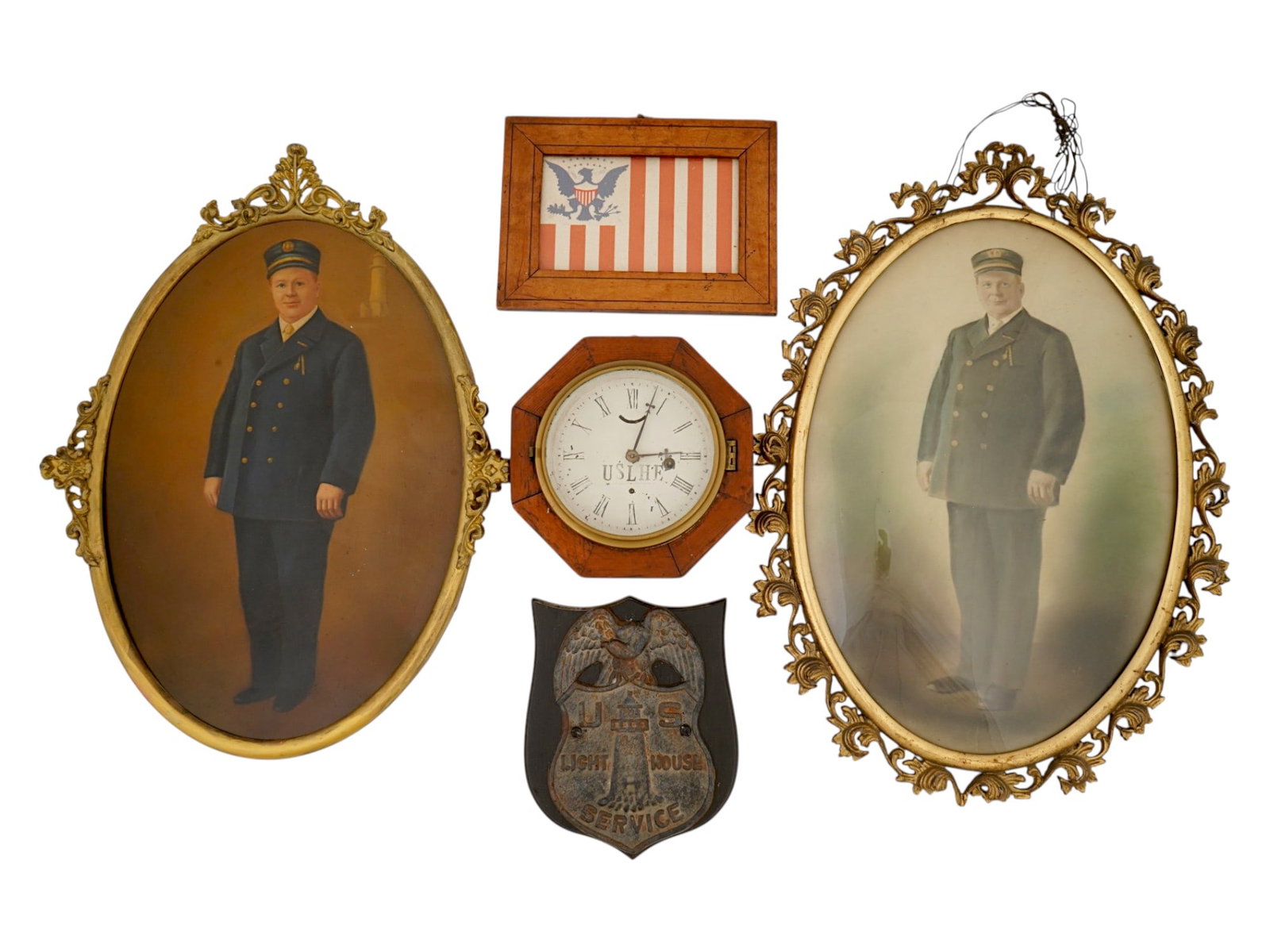 US LIGHTHOUSE SERVICE MEMORABILIA AND WALL DECOR: A lot of five vintage items related to the U.S. Lighthouse Service. Two full-length portraits of William H. Lowther, lighthouse keeper in Race Point, Provincetown, one photograph and one oil painting 