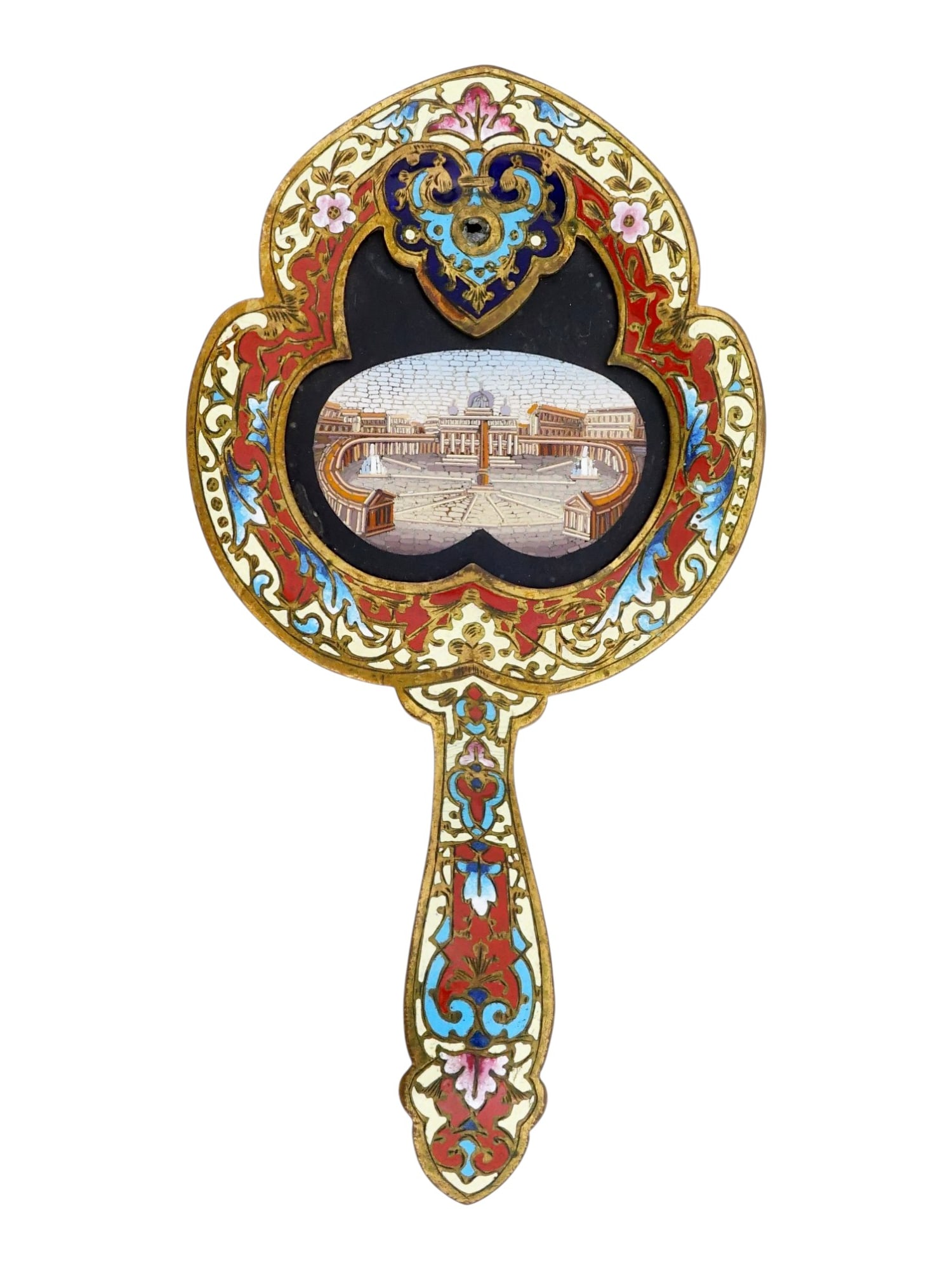 ANTIQUE ENAMEL CHAMBERSTICK WITH MICRO MOSAIC ST. PETER: An antique chamberstick, executed in the traditional frying pan form and embellished with decorative micro mosaic showing the St. Peters Square and enamel ornamentation. The piece features a circular 