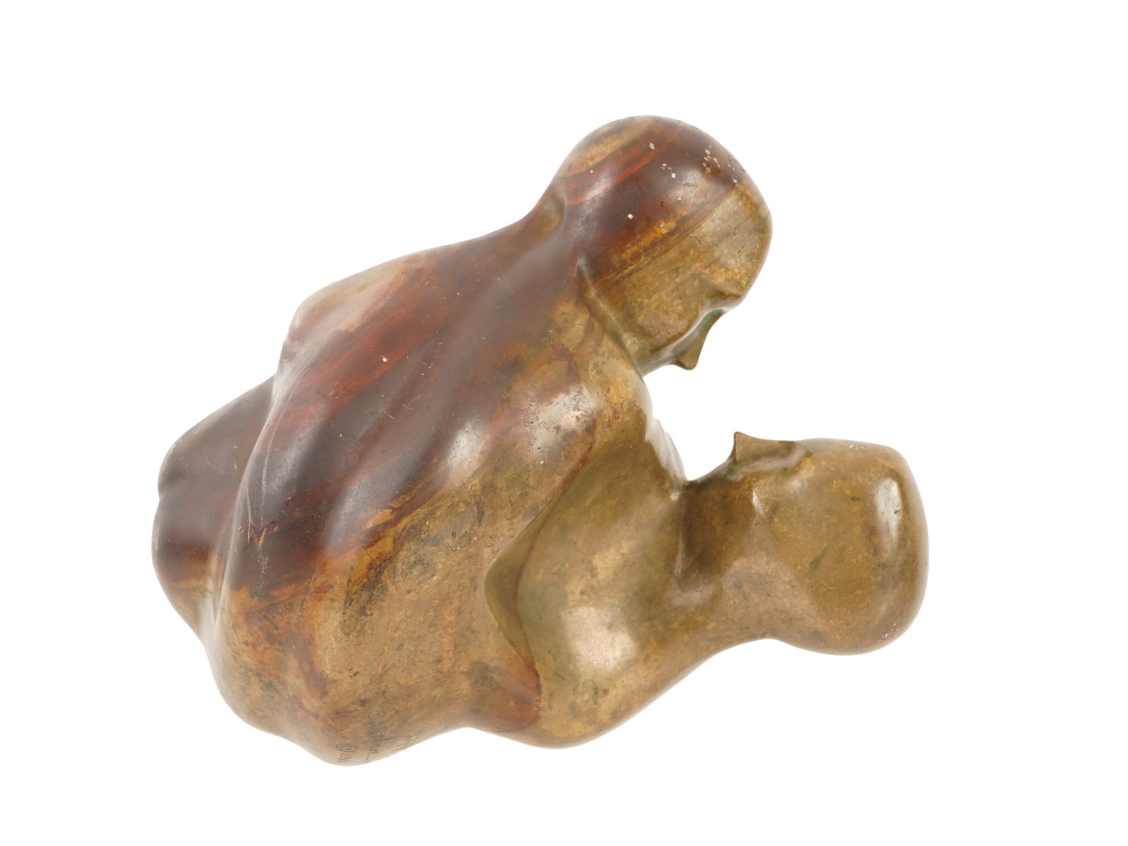 MODERNIST HENRY MOORE STYLE BRASS SCULPTURE OF COUPLE: A Modernist brass sculpture depicting an abstract couple executed in the style typical of the works of Henry Moore where human forms are simplified and flow into each other. Unsigned. Modernist and Co