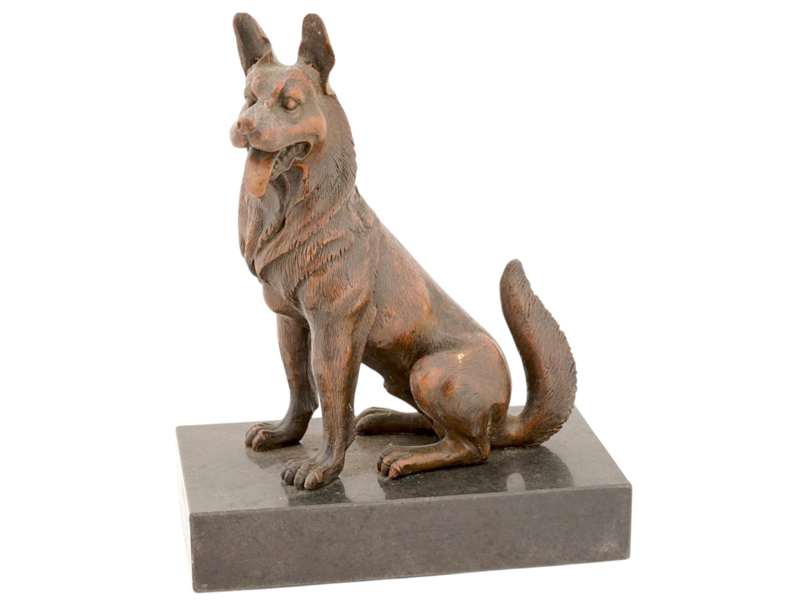VINTAGE BRONZE SCULPTURE SEATED GERMAN SHEPHERD DOG: A vintage bronze sculpture of a seated German Shepherd, created in the style of the early-mid 20th century animalier tradition. The figure is modeled with alert ears and textured fur. Mounted on a rec