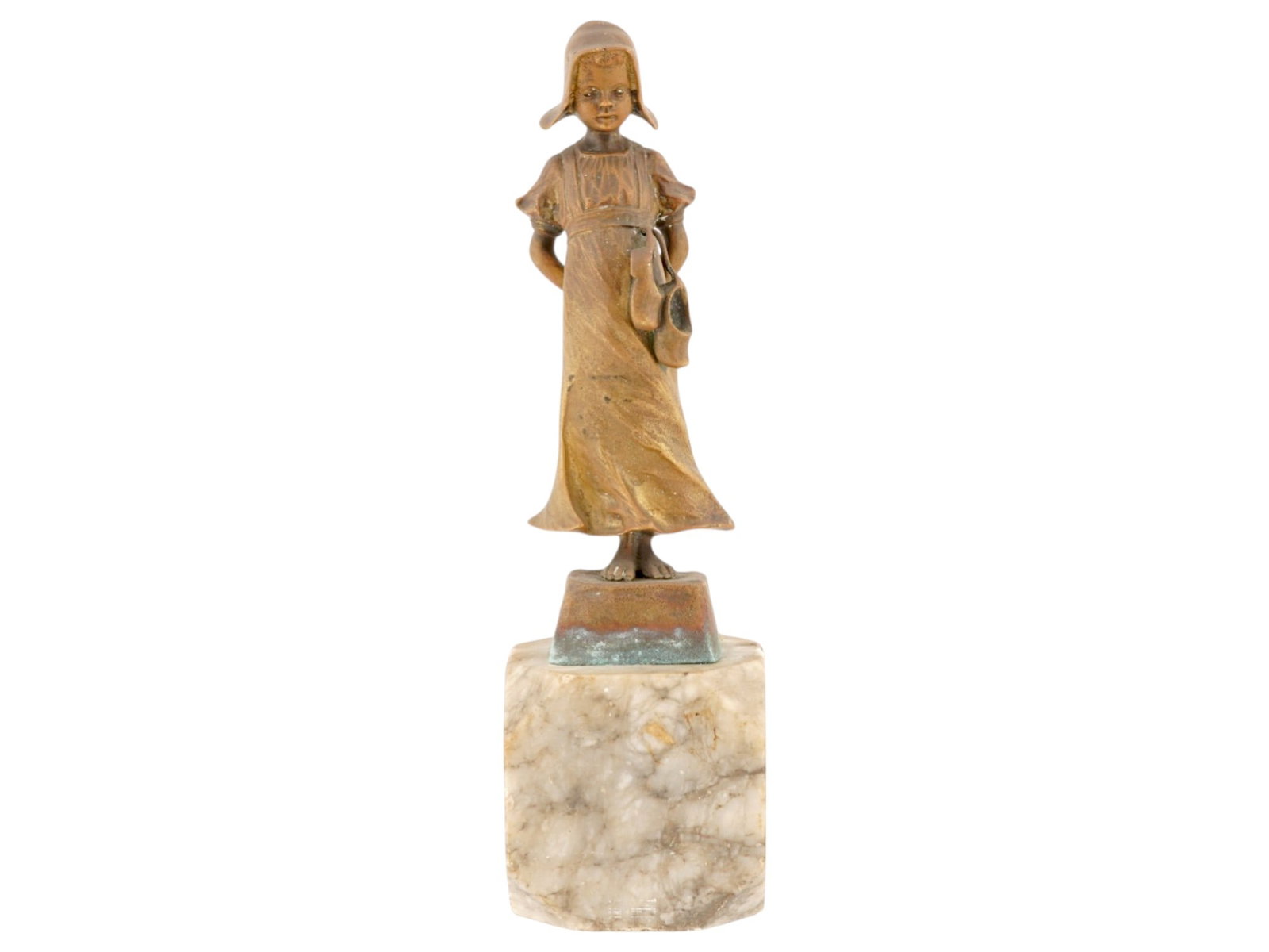 VINTAGE BRASS SCULPTURE BY J. PILAR A DUTCH GIRL: A vintage brass sculpture by J. Pilar, depicting a Dutch girl in traditional costume. The figure is shown wearing a characteristic lace cap and long dress and holding a vessel. Mounted on a stone base