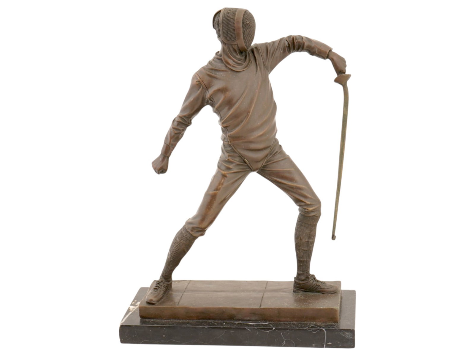 BRONZE SCULPTURE AFTER MIGUEL FERNANDO LOPEZ MILO: A Modernist patinated bronze sculpture, Fencer, after Miguel Fernando Lopez, Milo, Portuguese, born in 1955. Mounted on a base. Signed with casting, Milo, on the base. Mounted on a rectangular shaped 