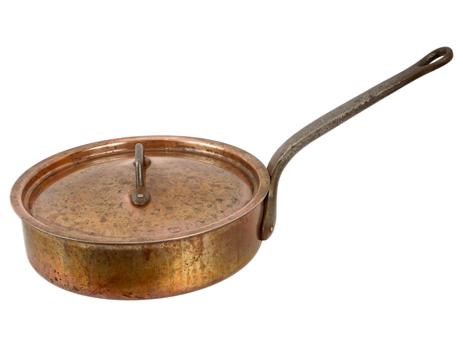 FRENCH COPPER PROFESSIONAL GRADE SAUTE PAN BY BOURGEAT: A professional grade saute pan. The ware is crafted by the renowned French manufacturer Bourgeat, featuring a heavy gauge copper body designed for precise temperature control. The vessel is finished w