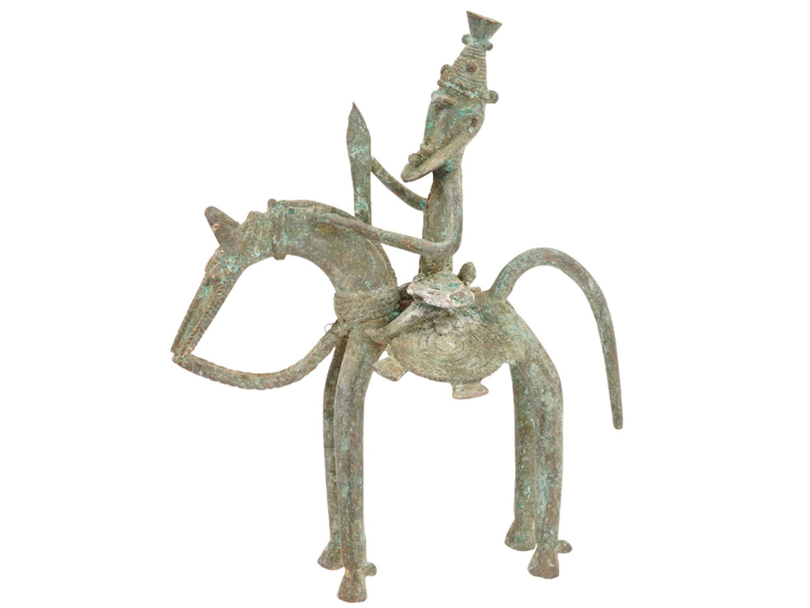 WEST AFRICAN DOGON TRIBE METAL RIDER FIGURINE: A West African Dogon tribe stylized metal figurine depicts a bearded horse rider holding a sword. The horse is elongated in shape and has simplified forms. The rider sits upright, holding a sword in h
