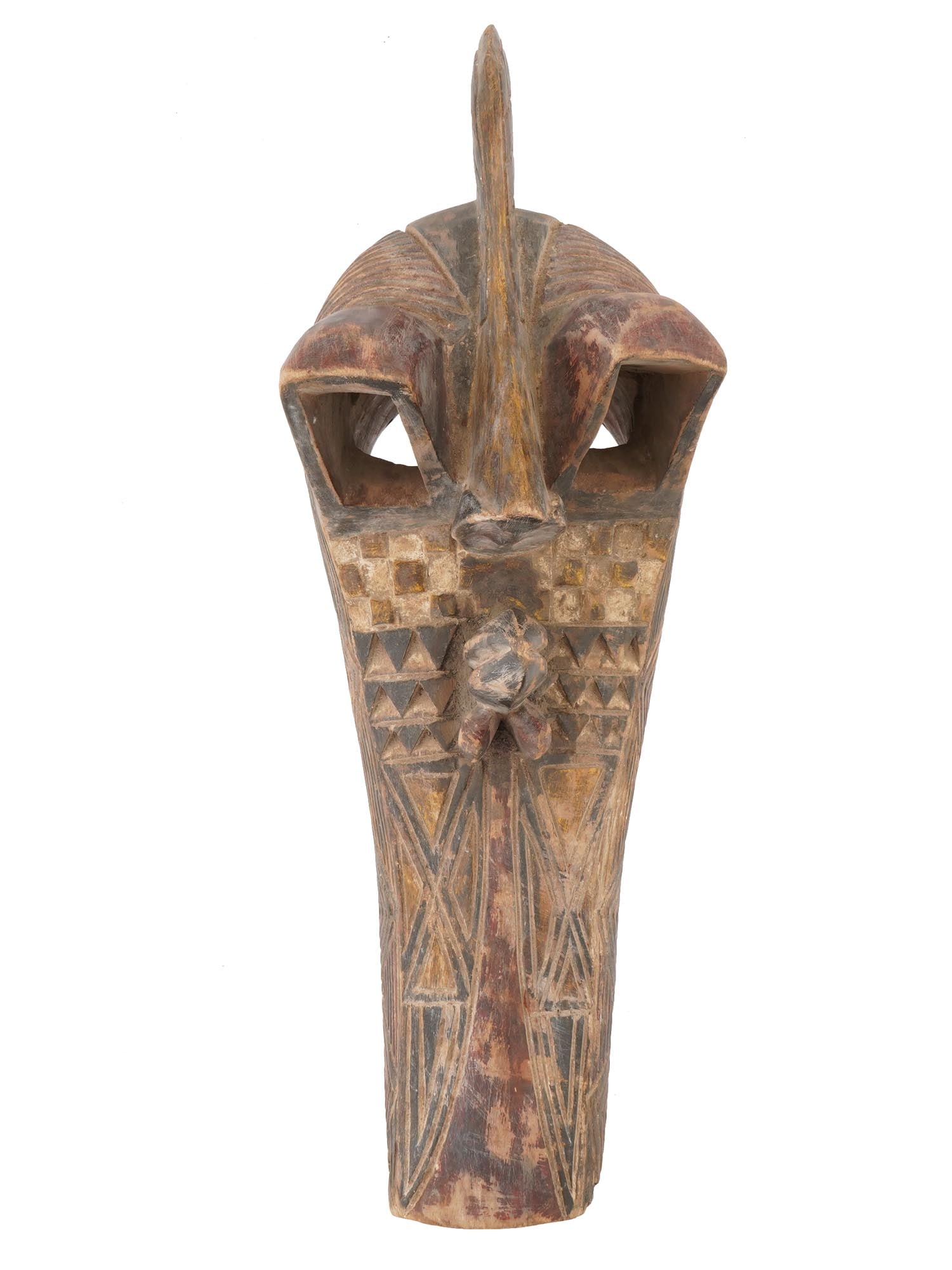 AFRICAN HAND CARVED WOODEN ZOOMORPHIC BIRD MASK: An African hand-carved wooden zoomorphic bird mask from Burkina Faso, attributed to the Mossi, Bwa, or Gurunsi peoples of the West African savanna region. The form represents a hornbill, identifiable 