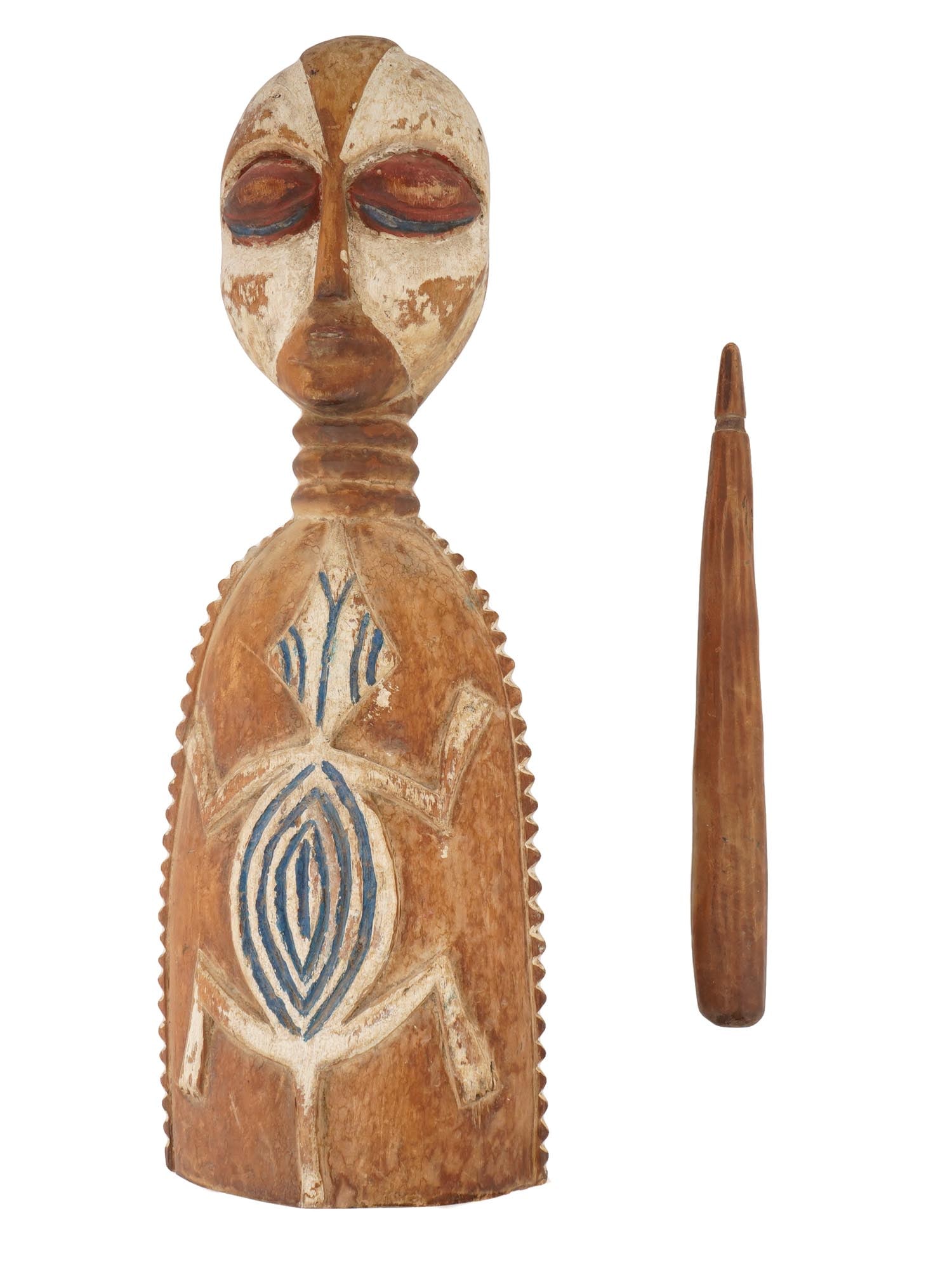 AFRICAN GALWA PEOPLE CARVED WOODEN HAND BELL FIGURINE: An African hand carved wooden hand bell figurine, originating from the Galwa people of Gabon, features a carved double face head with characteristic kaolin-tinted facial features and a ringed neck. Th